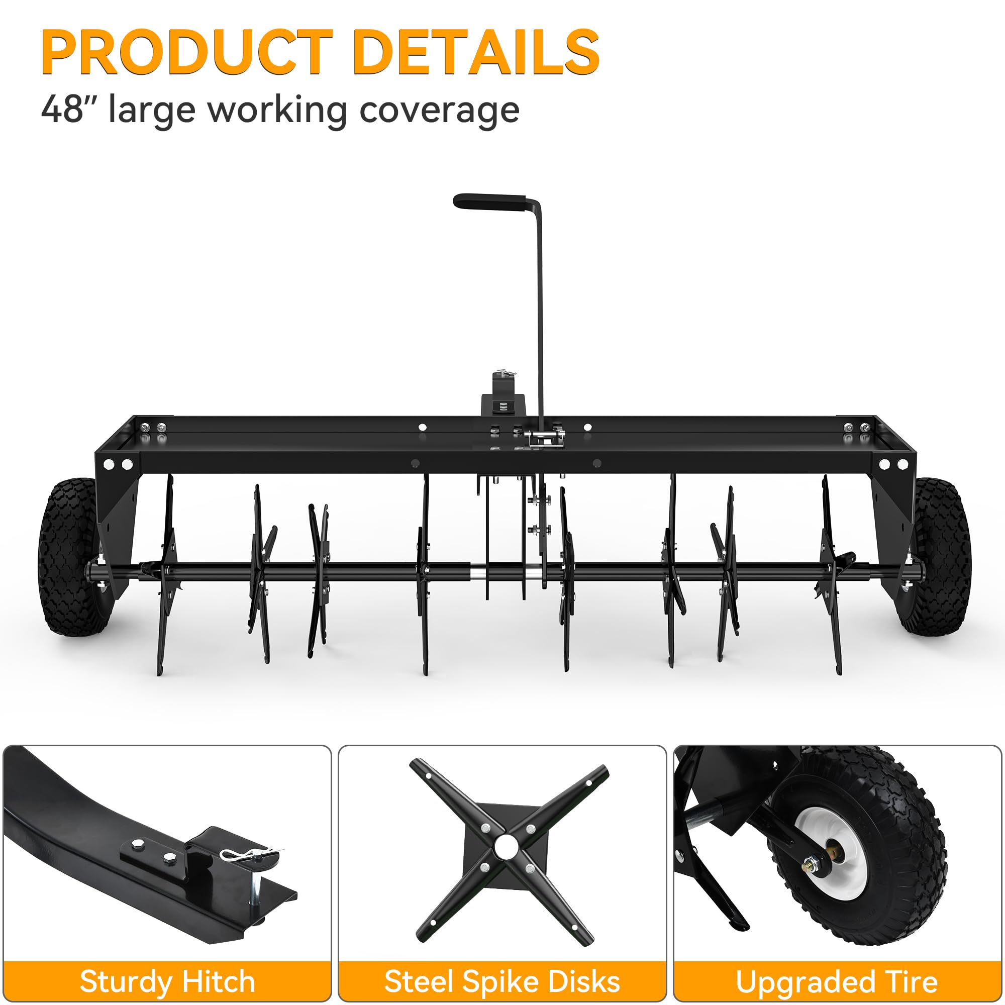 YINTATECH 48 Inch Heavy Duty Lawn Aerator with Universal Hitch - Tow Behind Plug Aerator for Healthier Grass - Perfect for Lawn Care, Golf Courses & Sports Fields