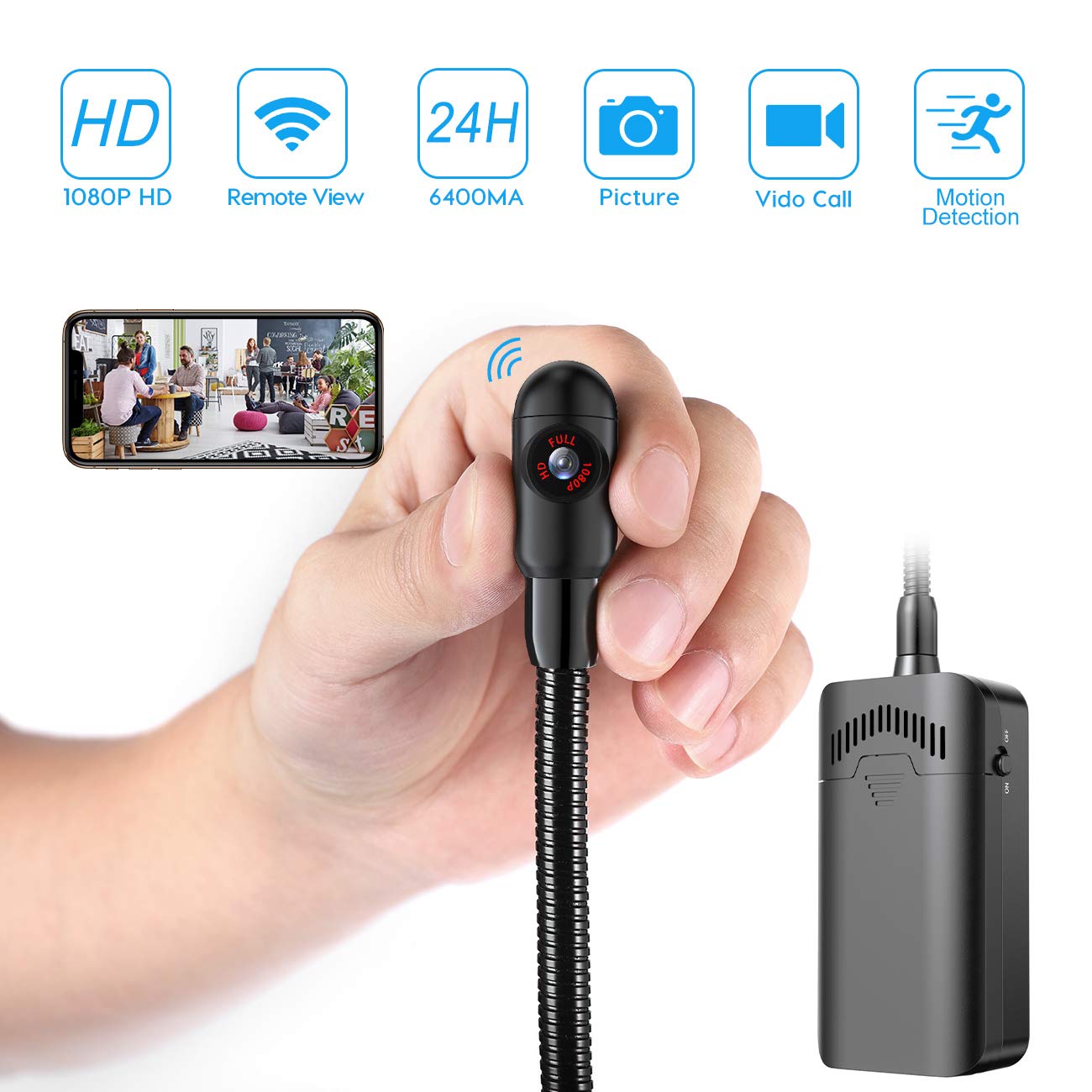 TECHNOVIEW Spy 4K WiFi Hidden Camera - Wireless Security Camera with 12-Hour Battery, Flexible Neck & Motion Detection for Home & Office Surveillance | Perfect for Baby Monitoring, Pet Watching & Indoor Security
