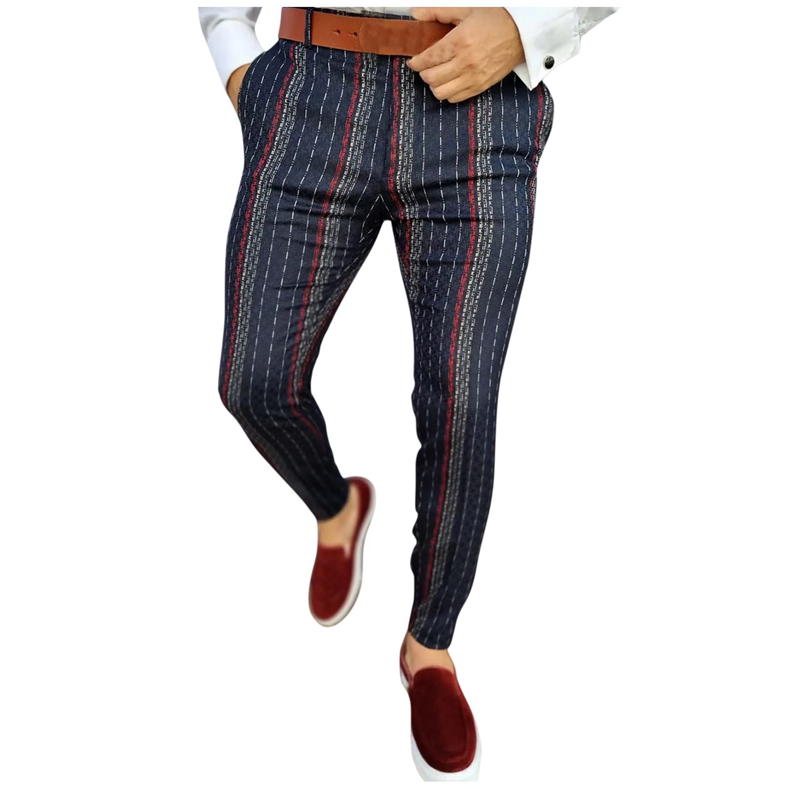 2022 Men's Skinny Pants with Zipper & Elastic Waist - Casual Striped Print Pencil Trousers for Men | Perfect for Office, Dating & Daily Wear