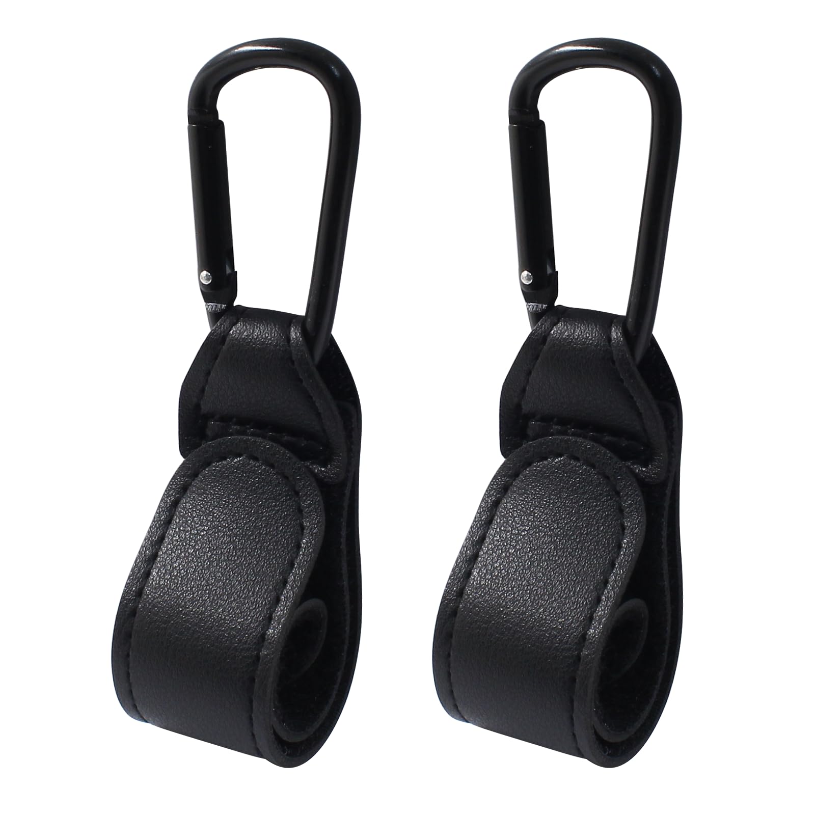 2 Pack Durable Leather Stroller Hooks for Diaper Bags - Heavy Duty Stroller Clips for Wheelchairs & Shopping Carts - Black Stroller Accessories (Perfect for Baby Gear Organization & Shopping Trips)