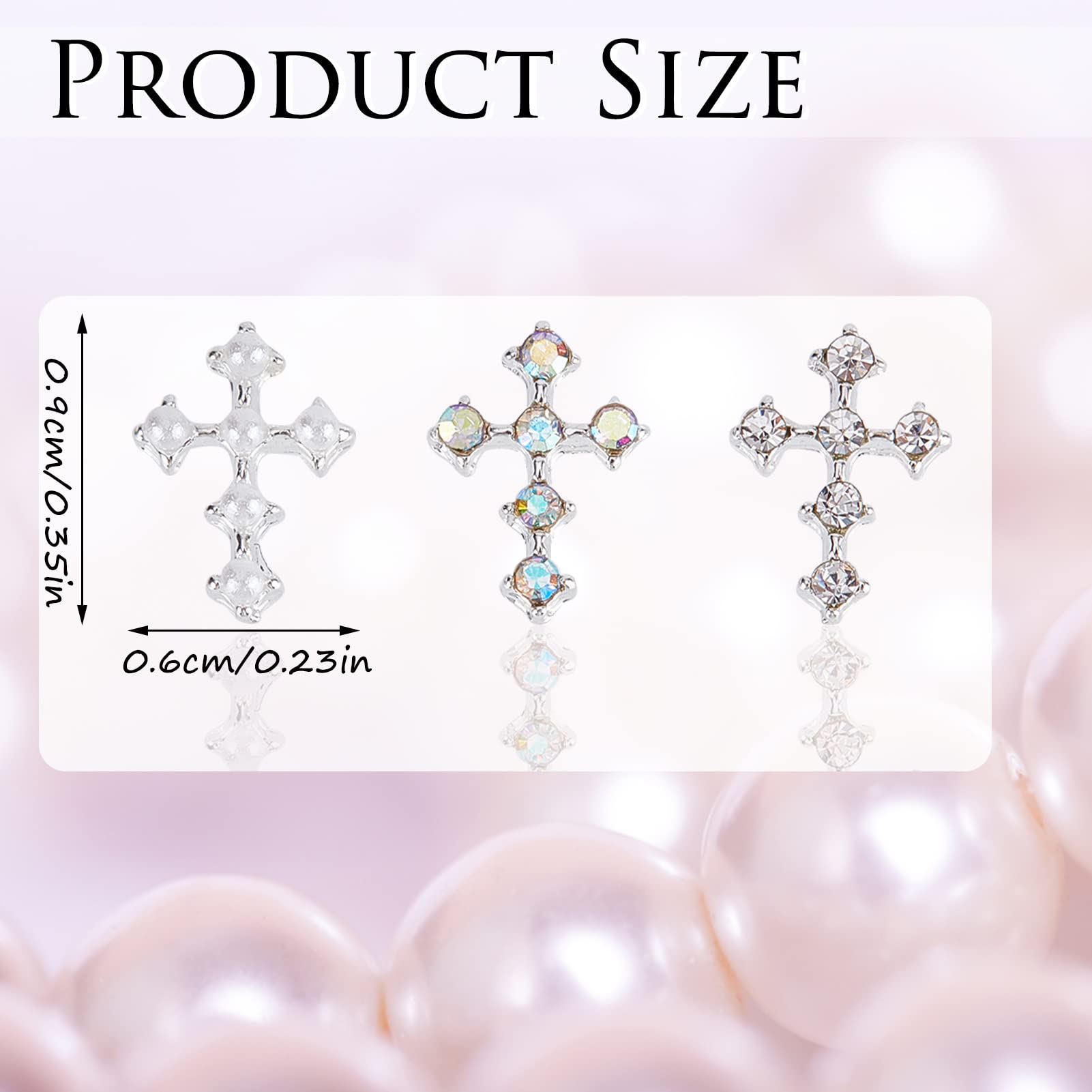 NICENEEDED 30Pcs Silver Pearl Cross Nail Art Charms - 3D Mini Nail Rhinestones Jewelry for Women, Antique Style Nail Decorations - Perfect for DIY Nail Art, Bridal, Party and Special Occasion Nail Designs