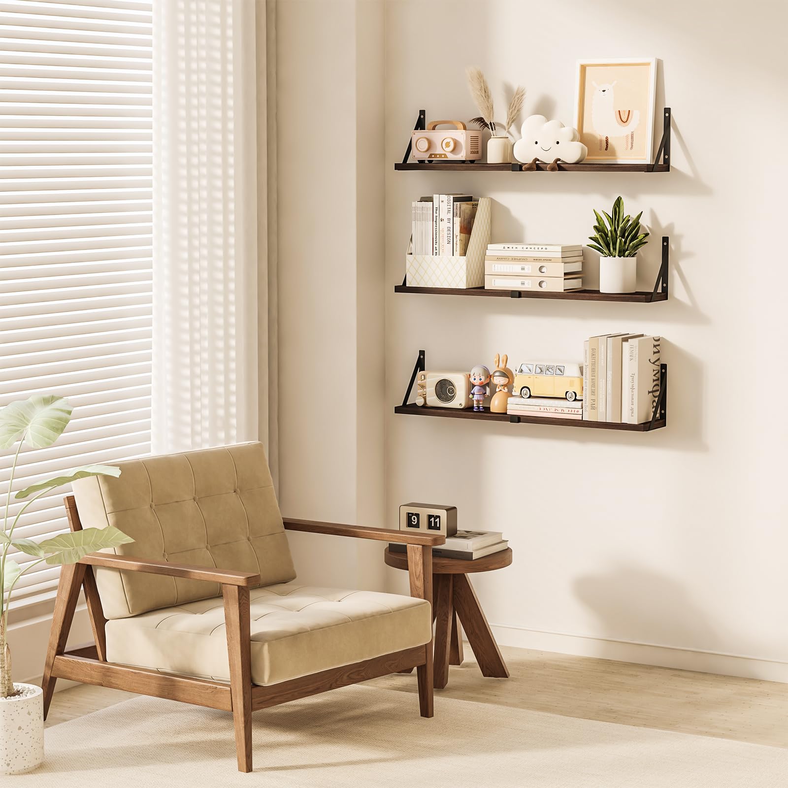 Floating Bookshelf Set of 3 - 33 Inch Wall Mounted Shelves for Living Room, Kitchen, Bathroom & Bedroom - Dark Brown Wooden Shelves for Home Organization & Decor - Perfect for Books, Plants & Decorative Display