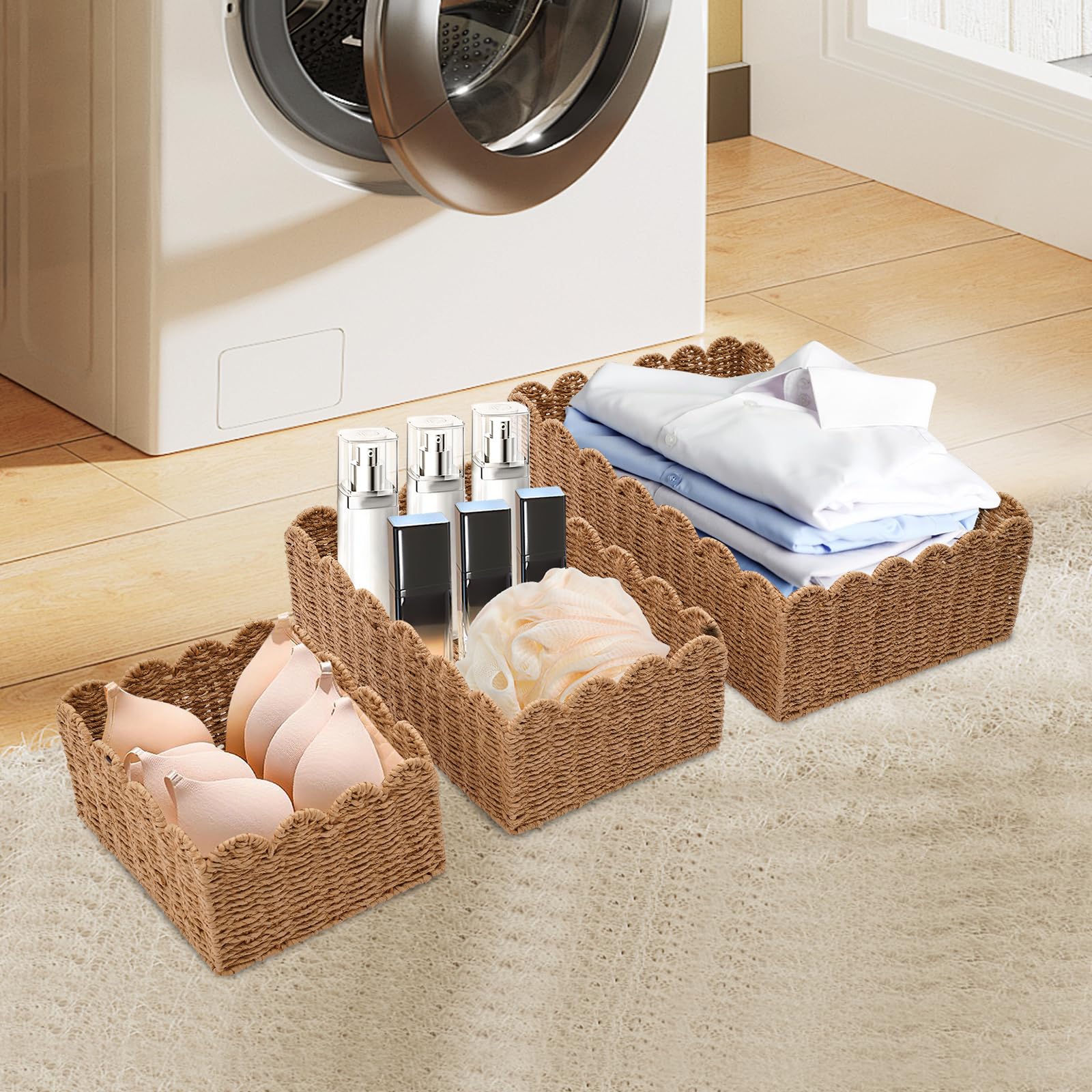 3-Piece Woven Rattan Storage Baskets Set with Lids - Scalloped Edge Home Decor Organizer (4.33/5.12/6.1 Inch Height) - Perfect for Bathroom, Bedroom & Nursery Storage
