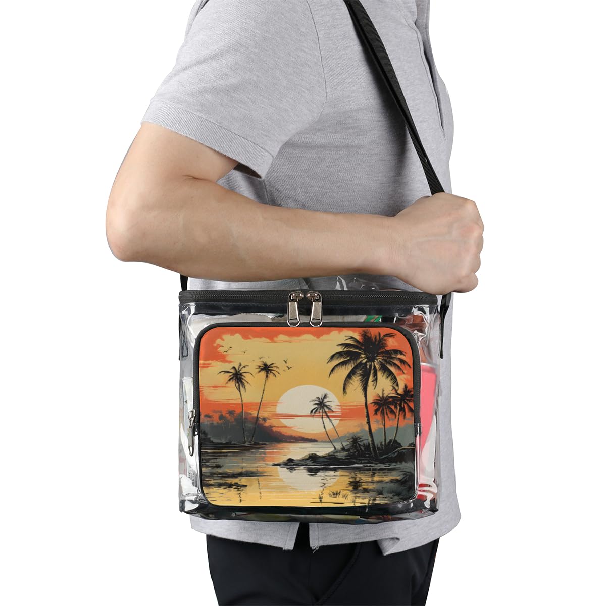 GzLeyigou Clear Transparent Beach Tote Bag with Handles - Waterproof Crossbody Shoulder Bag for Summer, Travel, Picnic, Concerts & Sports Events | Stadium Approved | Tropical Coconut Palm Design | Perfect for Pool Parties, Music Festivals & Outdoor Adventures
