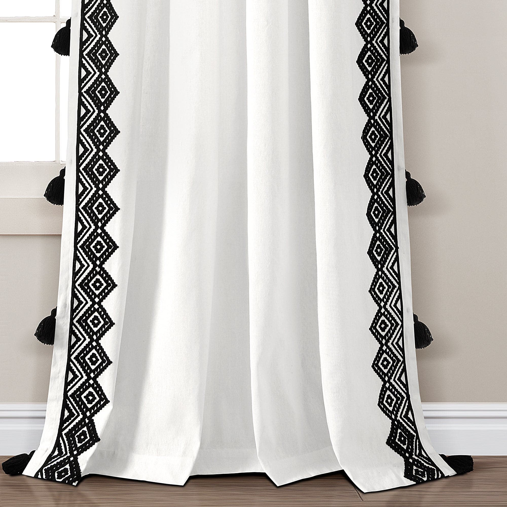 Aztec Diamond Border Tassel Window Curtain Panel - Boho Chic Blackout Drapes for Living Room & Bedroom - Light Filtering & Privacy Window Treatments
