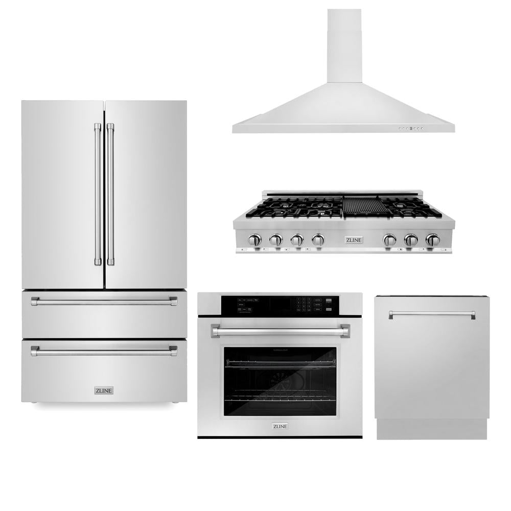 ZLINE 48-inch Stainless Steel Kitchen Package with Refrigerator, Gas Rangetop, Range Hood, Wall Oven & Dishwasher (5KPR RTRH48 AWSDWV) - Perfect for Modern Home Chefs & Luxury Kitchen Remodels