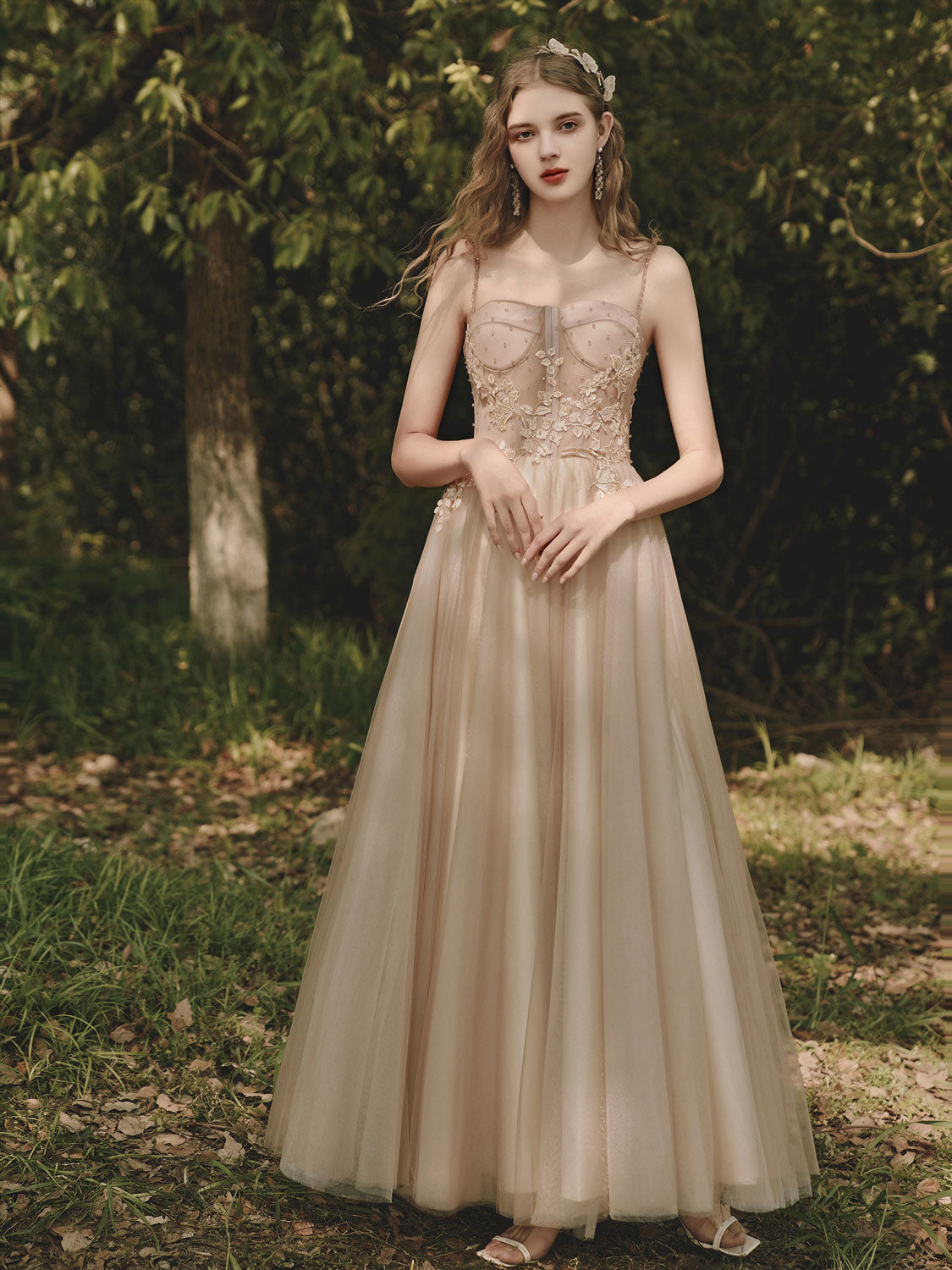 Elegant Champagne Tulle Lace Tea Length Prom Dress & Evening Gown for Formal Events, Weddings, and Special Occasions