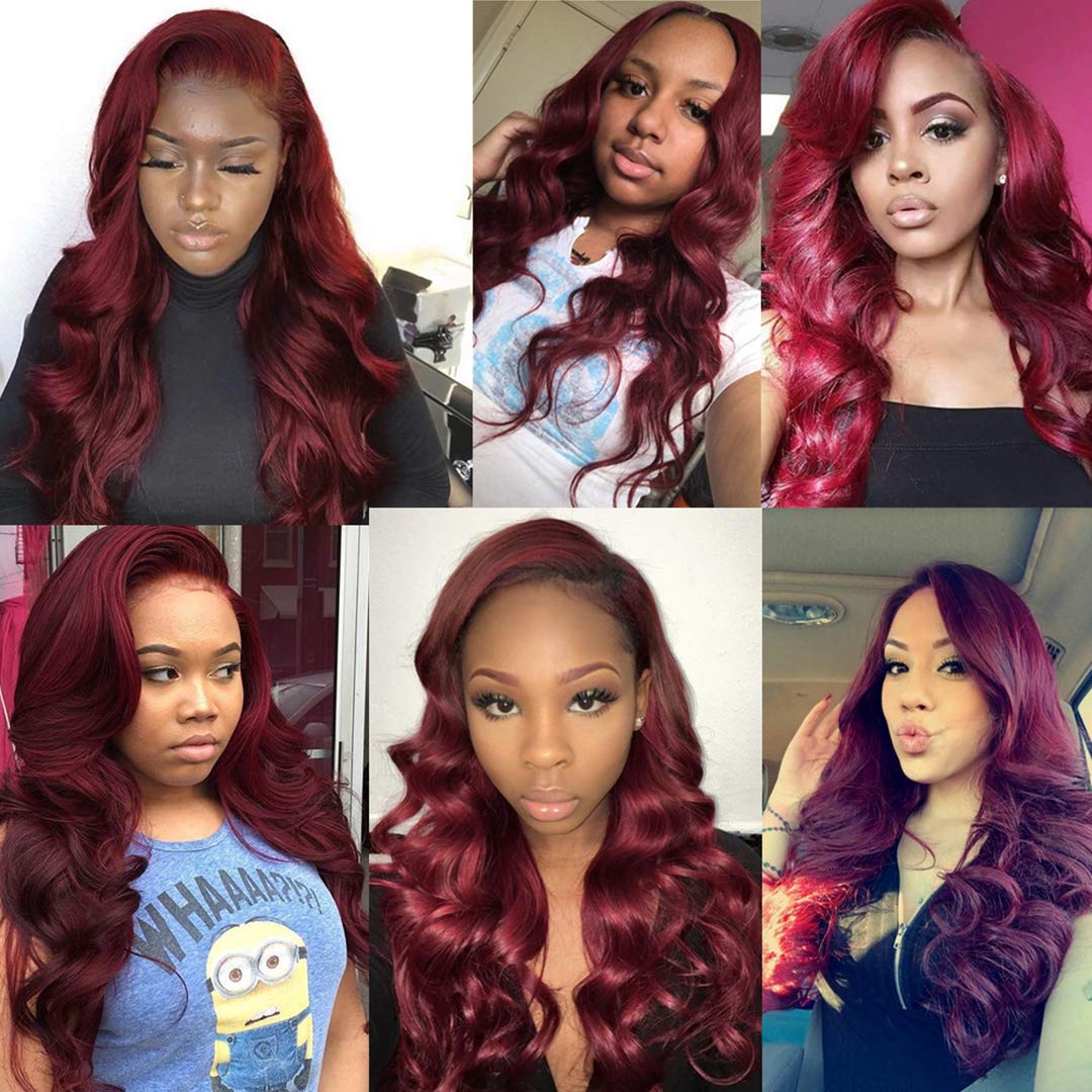 99J Wine Red Brazilian Virgin Human Hair Weaves - 4X4 Lace Closure & 3 Bundles (16 18 20 with 16C) | Mink Burgundy Body Wave Pre-Plucked Hairline with Baby Hair | Perfect for Protective Styles, Wig Making & Everyday Glam