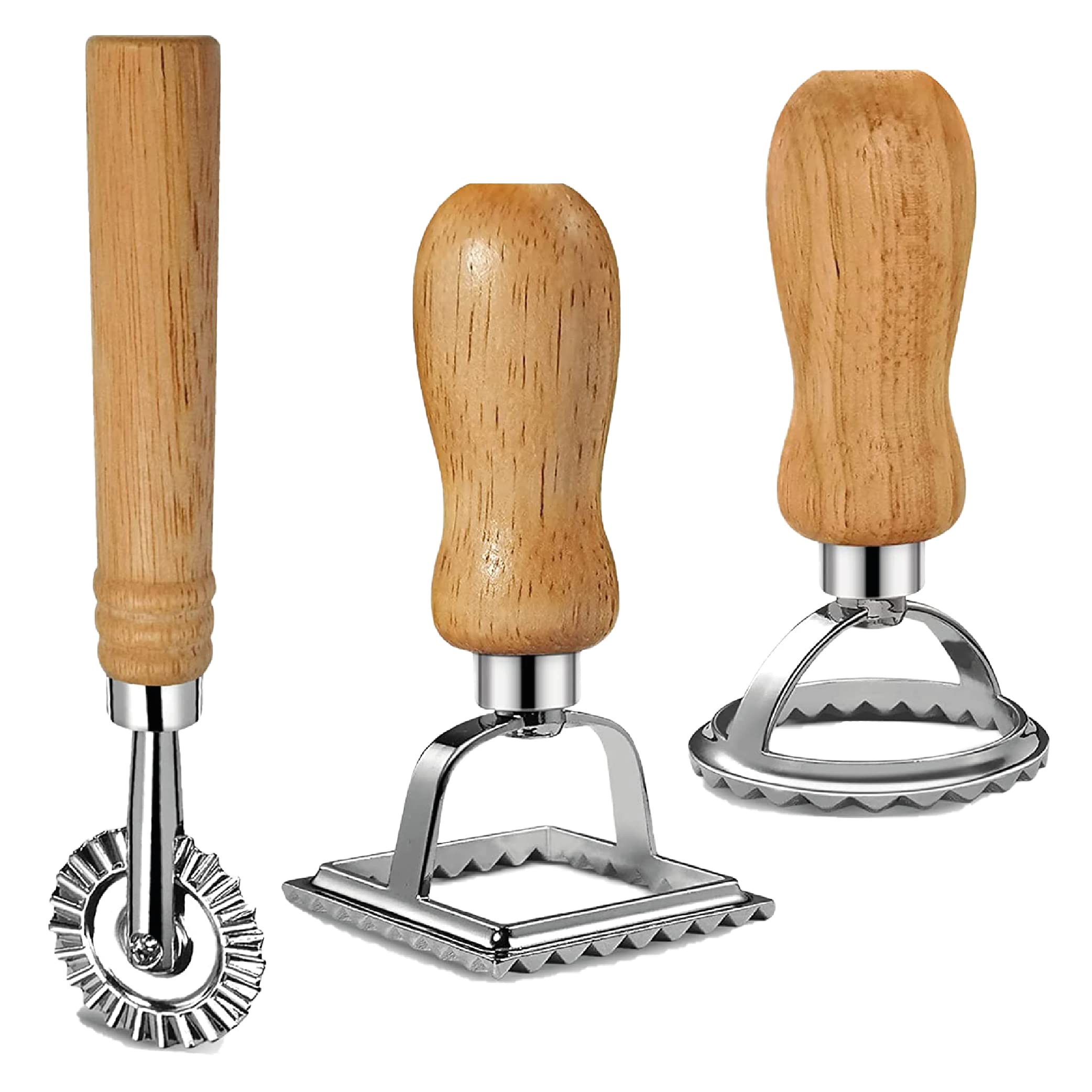 Ravioli Maker Stamp Cutter with Roller Wheel Set - Stainless Steel Pasta Maker Mold with Ergonomic Wooden Handle - Perfect for Homemade Ravioli, Dumplings, Lasagna & Pierogi - 3-Piece Kitchen Tool Set for Italian Cooking & Family Meal Prep