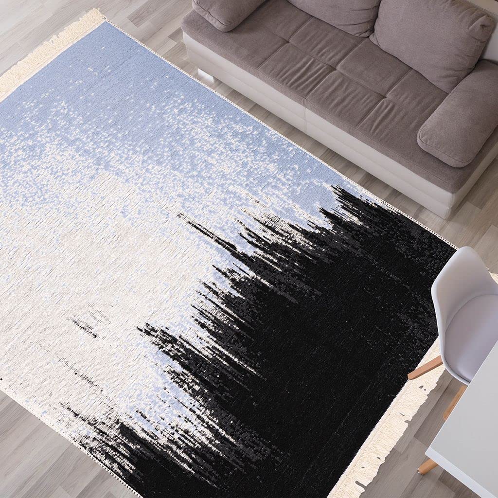 100% Natural Cotton Reversible Area Rug 63x90 Inches - Color Weave Design in Black, Blue & Pearl White - Machine Washable for Living Room, Kitchen & Entryway - Soft & Durable Floor Decor for Home & Office