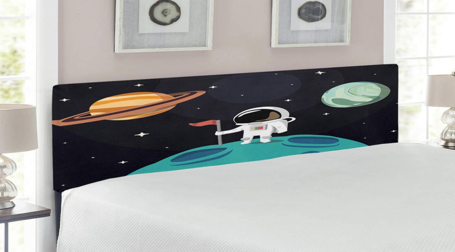 Ambesonne Space Themed Headboard - King Size Upholstered Bed Headboard with Memory Foam | Planets, Galaxy & Solar System Print (Earth, Mercury, Neptune, Pluto, Jupiter) | Futuristic Decorative Metal Headboard for Bedroom, Kids Room & Space Enthusiasts