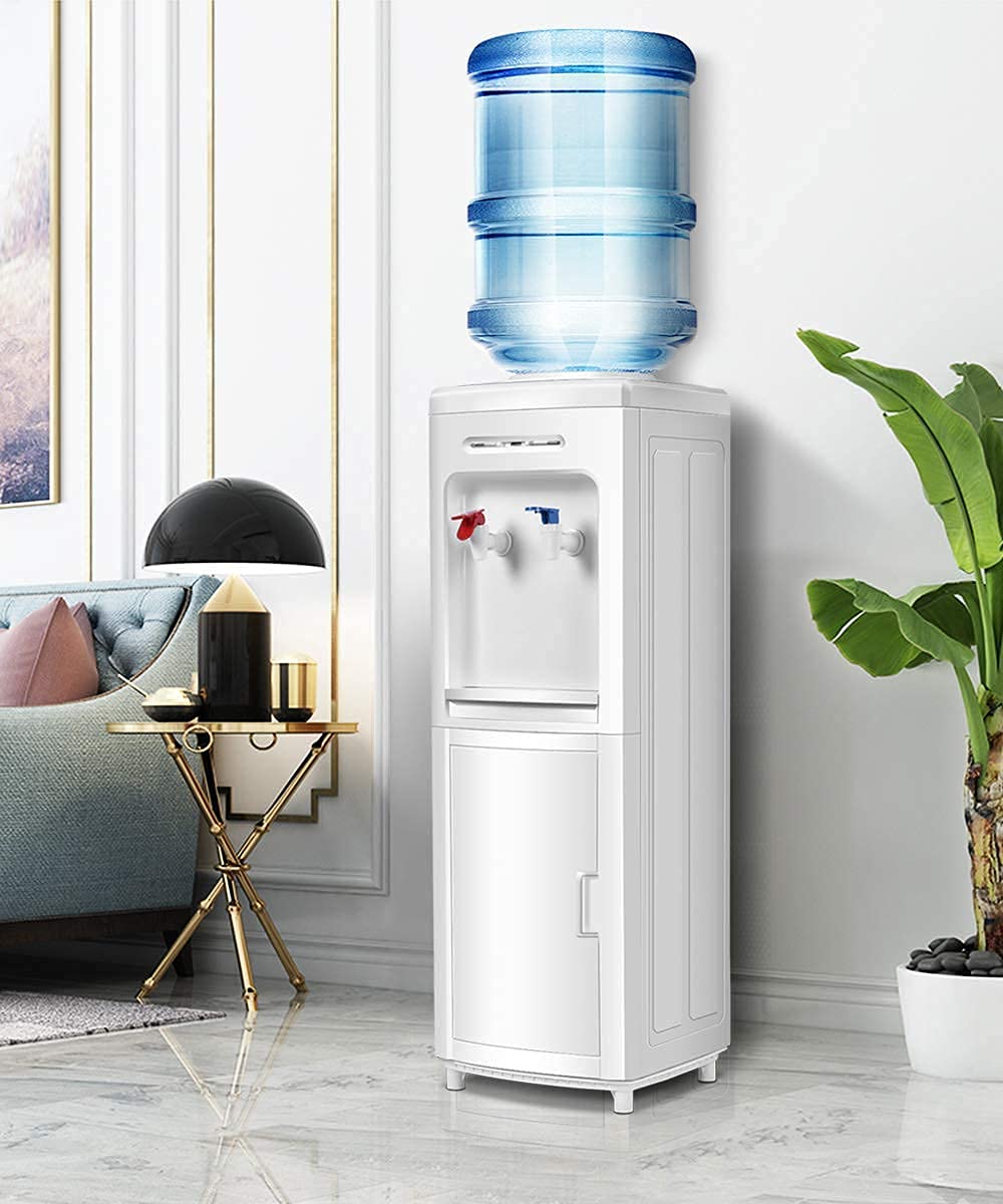 KOTEK 3-5 Gallon Top Loading Water Cooler Dispenser with Hot & Cold Water, Child Safety Lock & Storage Cabinet - Freestanding Electric Water Dispenser for Home, Office, Kitchen, Dorm - White (Perfect for Hydration, Tea, Coffee & Instant Meals)