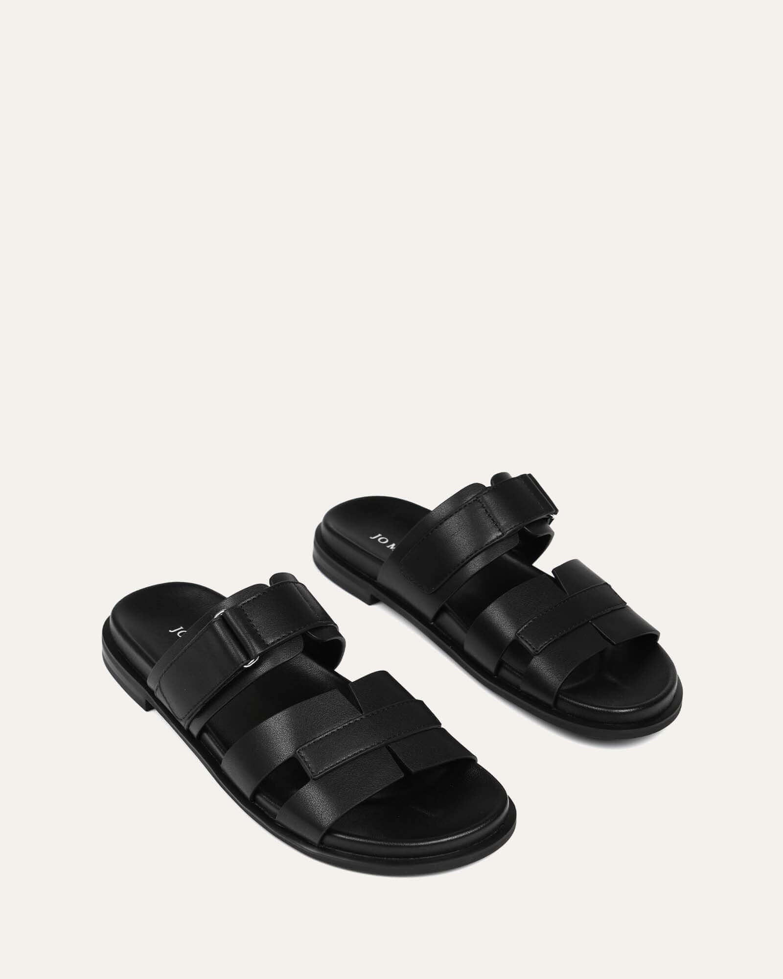Hendix Black Leather Flat Slides for Women & Men - Comfortable Casual Summer Sandals for Walking, Beach, Pool, and Home Use