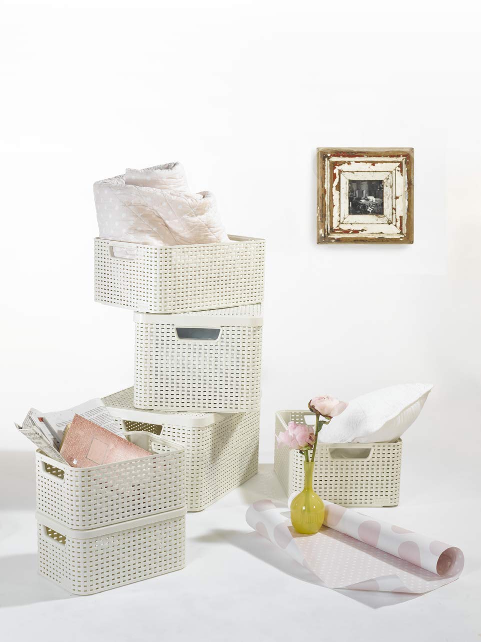 CURVER 3-Piece Style S Storage Box Set with Lids - White Plastic Organizer Bins for Home, Office & Closet Organization