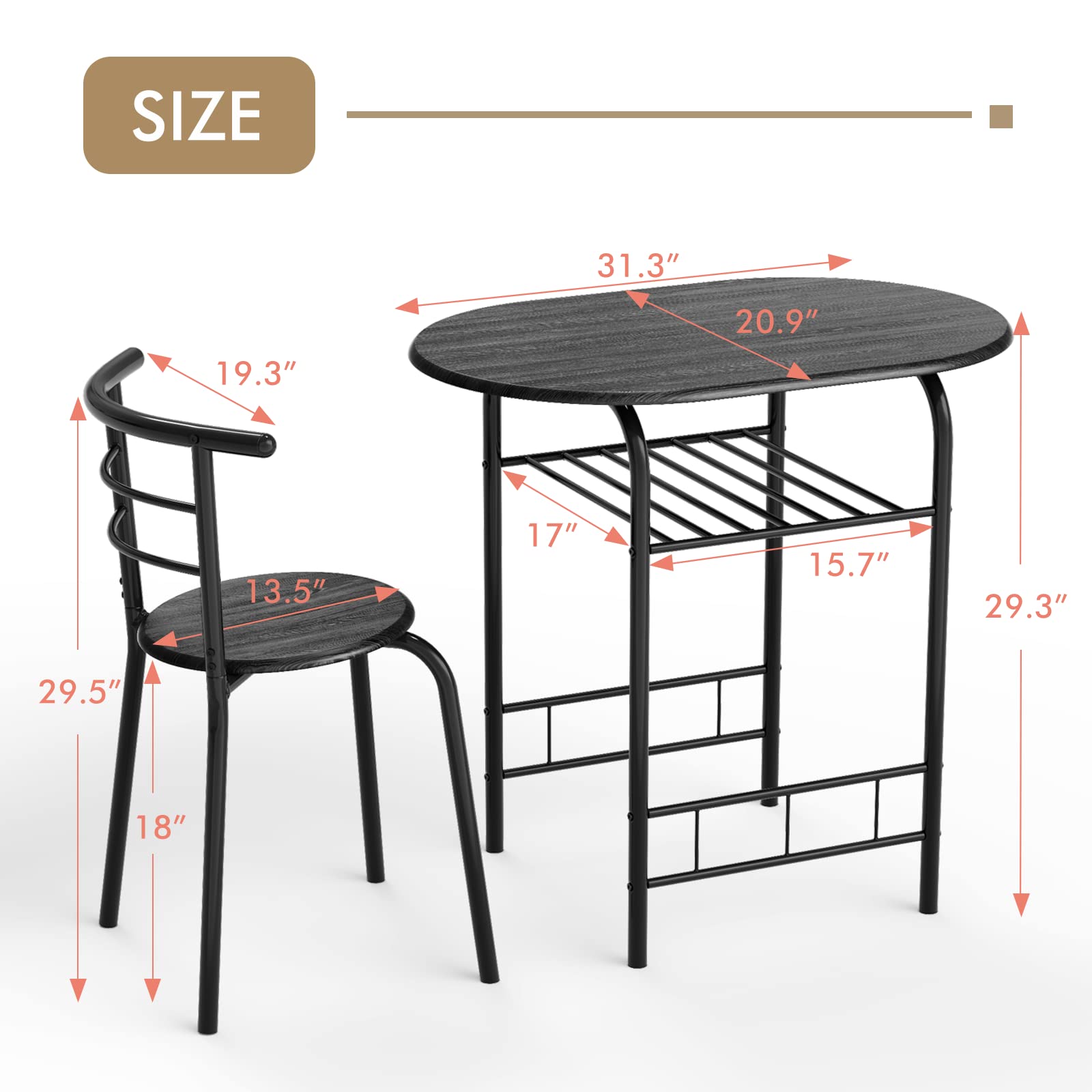 NAFORT 3-Piece Round Dining Table Set for 2 - Compact Kitchen Table & Chairs with Storage Shelf, Space Saving Bistro Set, Steel Frame in Black - Perfect for Small Apartments, Breakfast Nooks & Cozy Kitchenettes