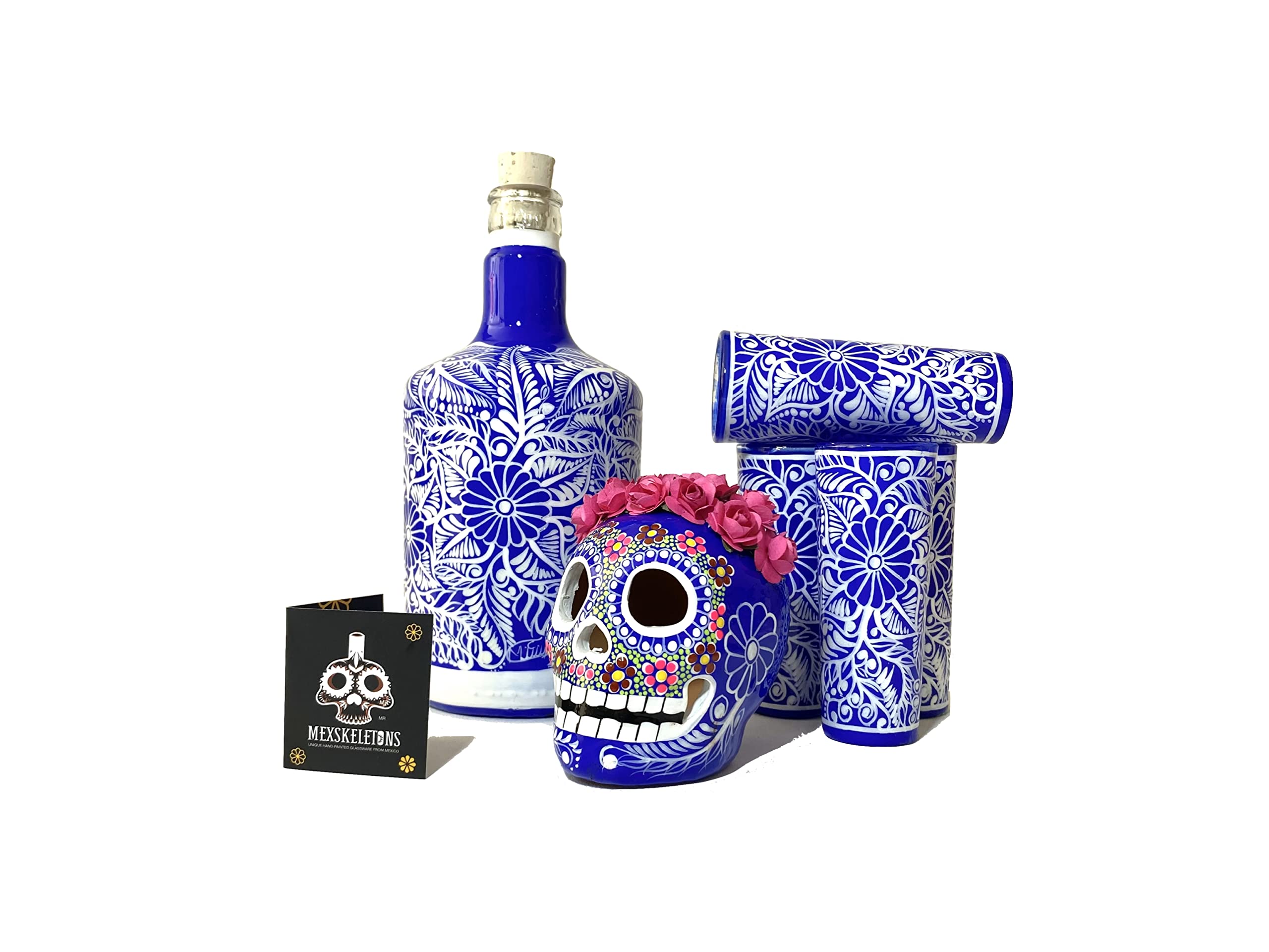 Hand-Painted Blue Catrina Skull Tequila Decanter Set with Shot Glasses & Mexican Sombrero - Personalized Liquor Decanter for Home Bar Decor, Unique Gift for Tequila Lovers (Perfect for Cinco de Mayo Parties & Mexican-Themed Events)