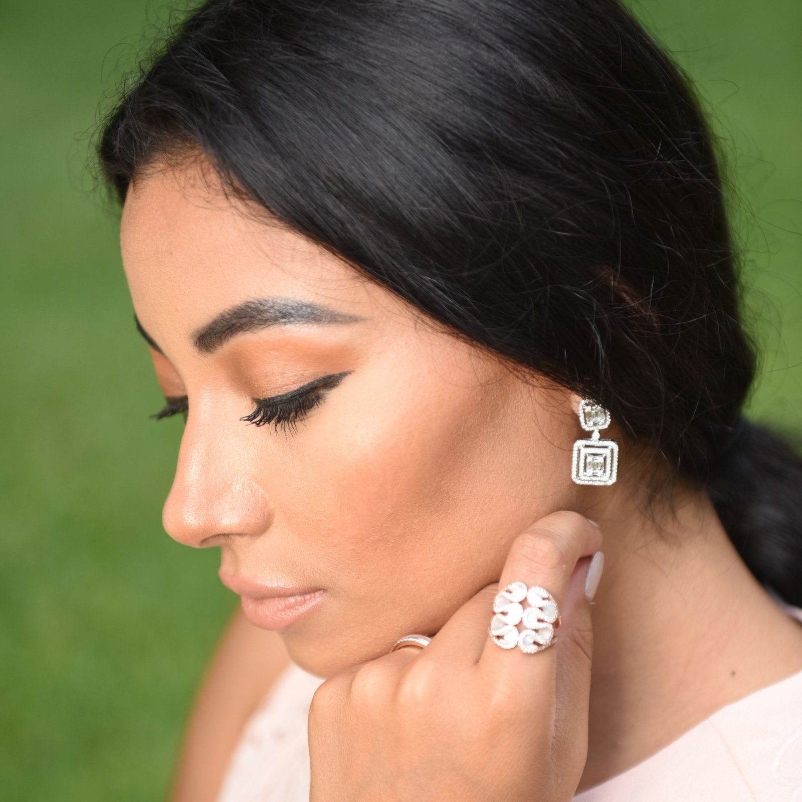 18K White Gold Double Baguette Diamond Halo Drop Earrings - Elegant Dangle Earrings for Weddings, Parties & Special Occasions