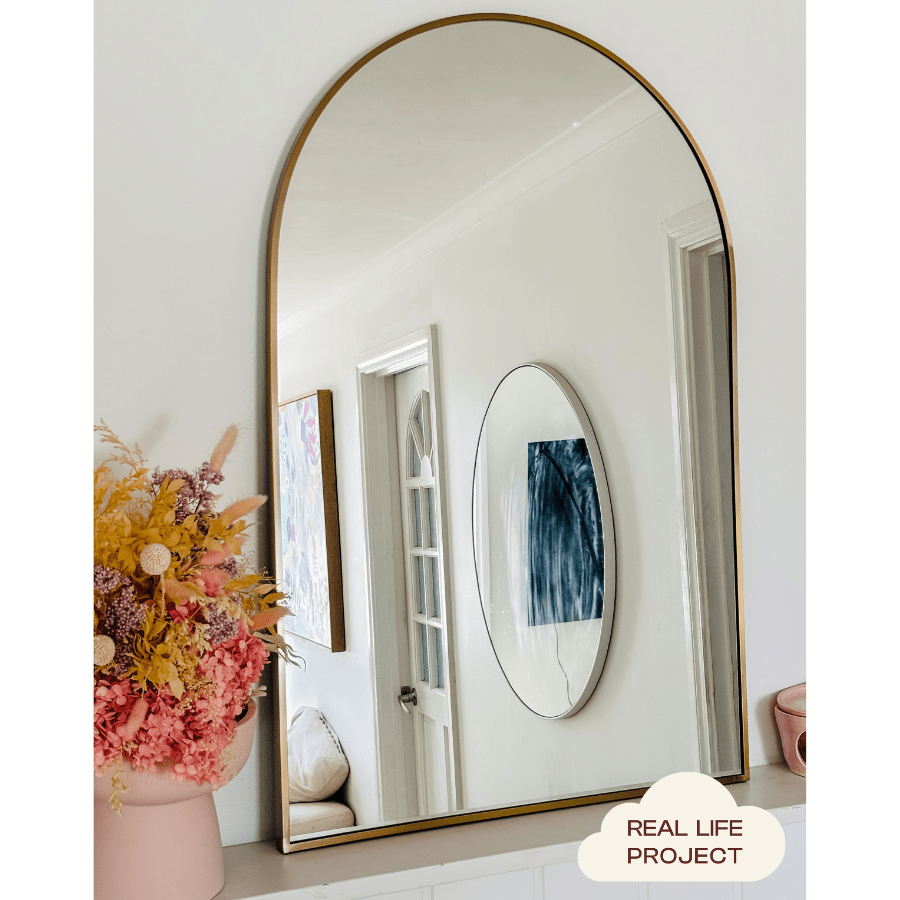 Brass Arch Mirror - Elegant Brushed Brass Wall Mirror for Bathroom, Bedroom, or Entryway Decor