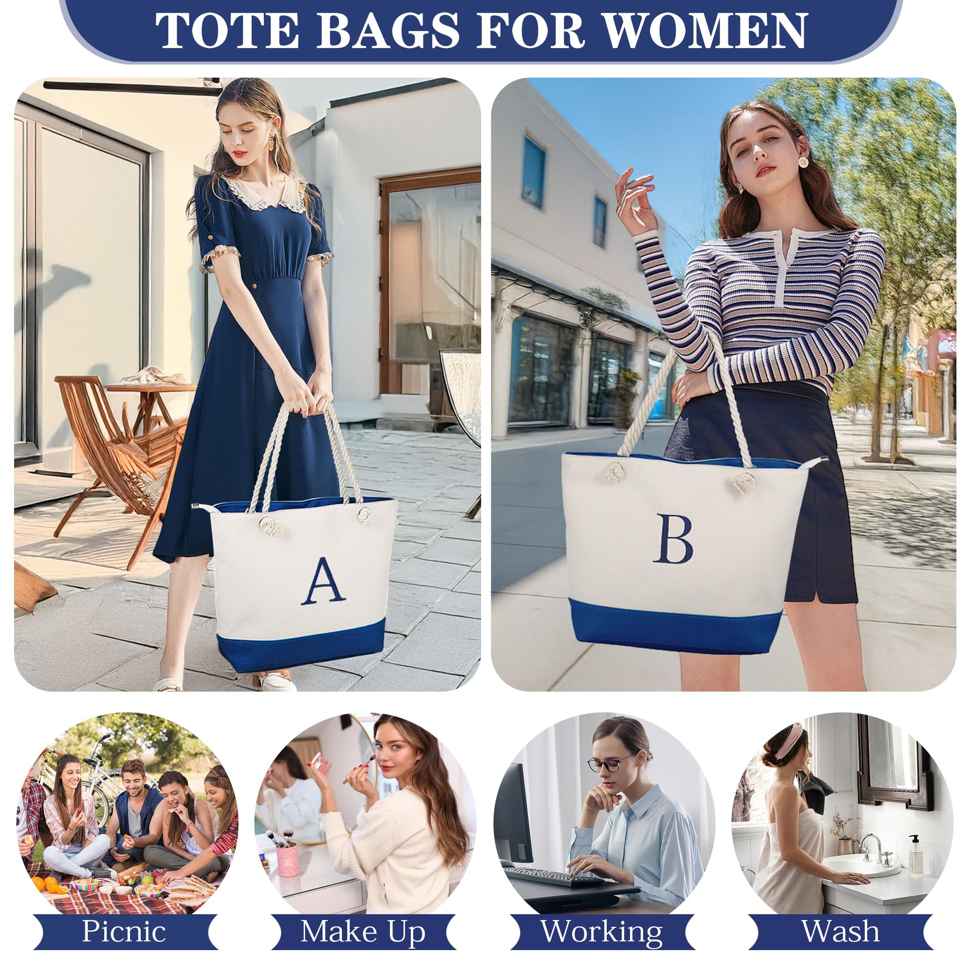 Personalized Initial Canvas Beach Tote Bag & Makeup Pouch Set - Custom Monogrammed Gifts for Women, Best Friend Birthday Present - Perfect for Beach Vacation, Travel & Daily Use