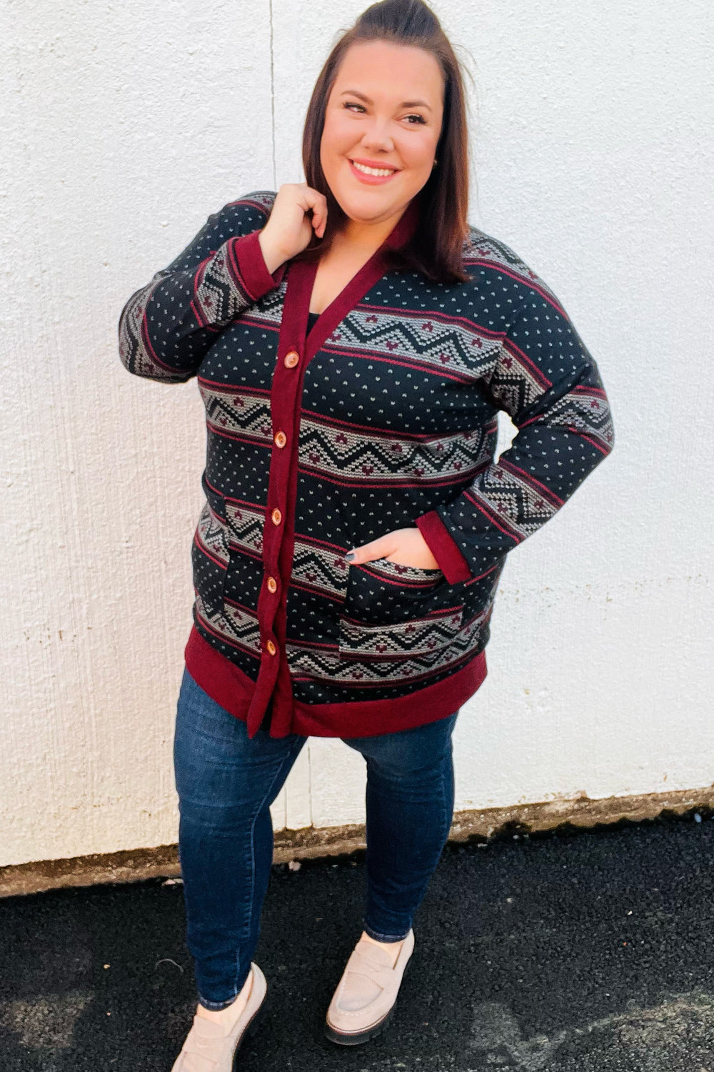 Classic Burgundy Holiday Print Button Cardigan for Women - Cozy Christmas Sweater for Holiday Parties & Family Gatherings