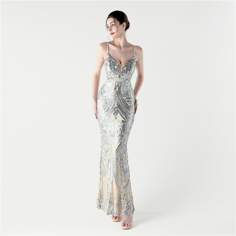 2025 New Hot Trade Banquet Muse Positioning Flower Sequins Nail Beads - Deep V Design Fish Tail Slim Evening Dress for Prom, Wedding & Special Occasions