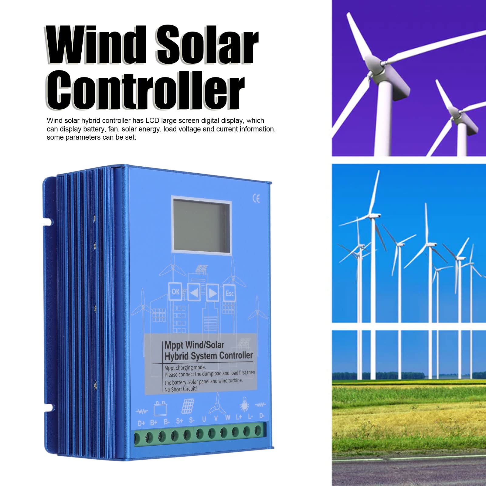 12V 24V MPPT Wind Solar Hybrid Charge Controller with LCD Display - Dual Power Boost for Off-Grid Battery Systems - Perfect for Home, RV, and Marine Solar/Wind Power Applications