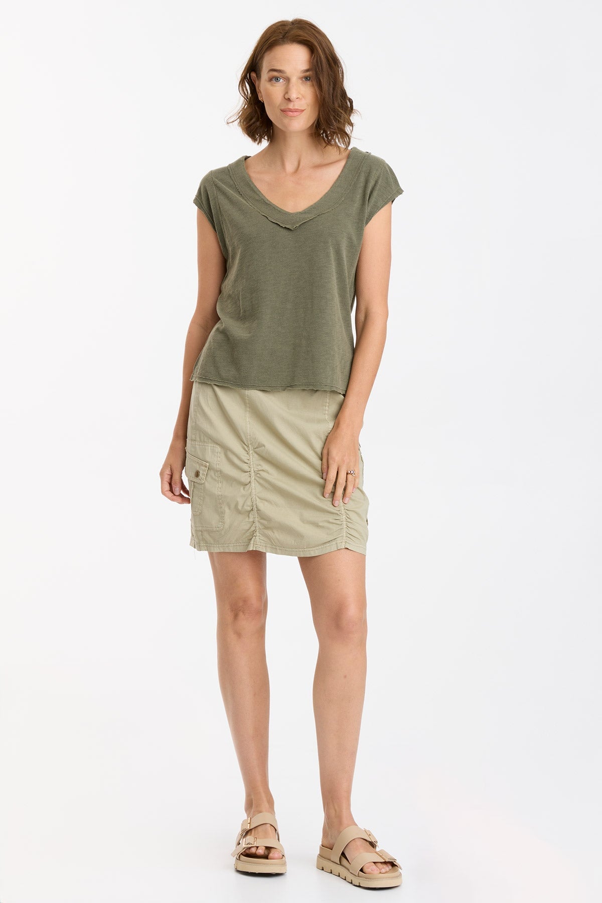 Organic Neela V-Neck Kombu Pigment Dyed T-Shirt for Women - Soft & Breathable Cotton Top for Casual Wear, Yoga, and Everyday Comfort
