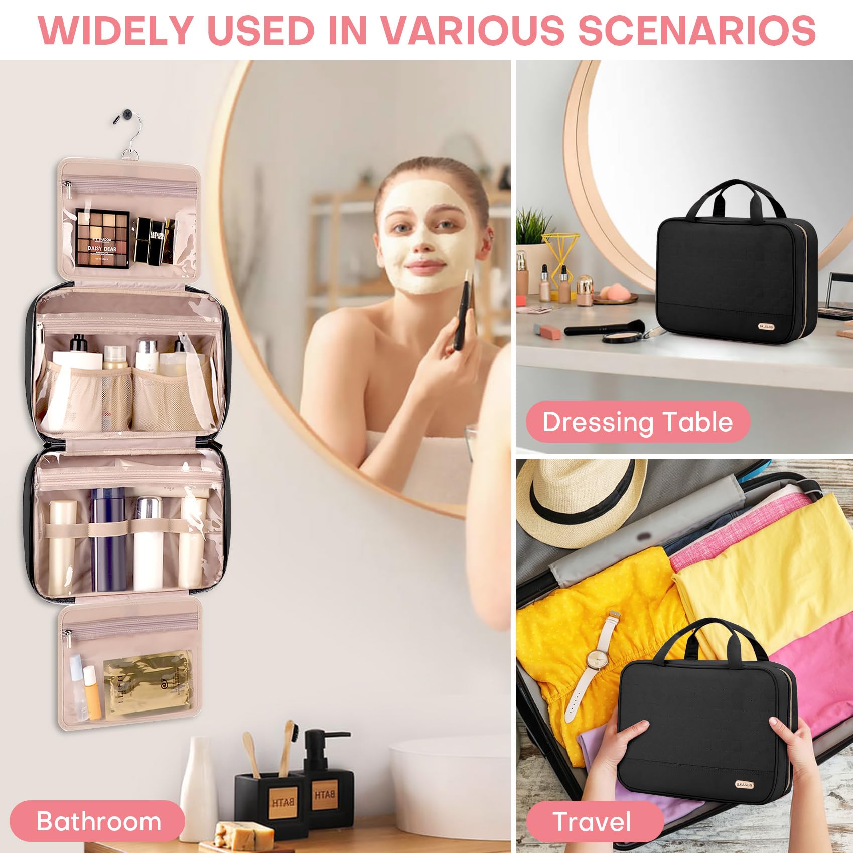 Waterproof Hanging Travel Toiletry Bag for Women - Large Black Cosmetic Organizer with Hook | Perfect for Makeup, Toiletries & Travel Essentials | Ideal for Vacations, Business Trips & Gym Use