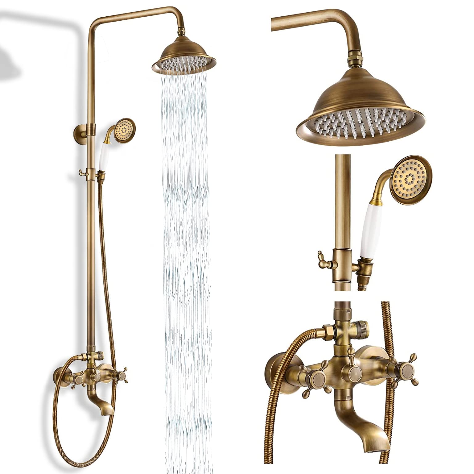 MOSSON Antique Brass 3-Function Outdoor Shower System - 8 Inch Rainfall Shower Head, Handheld Spray & Tub Spout - Wall Mount Bathroom Fixture with Cross Handles for Patio, Poolside & Garden Use