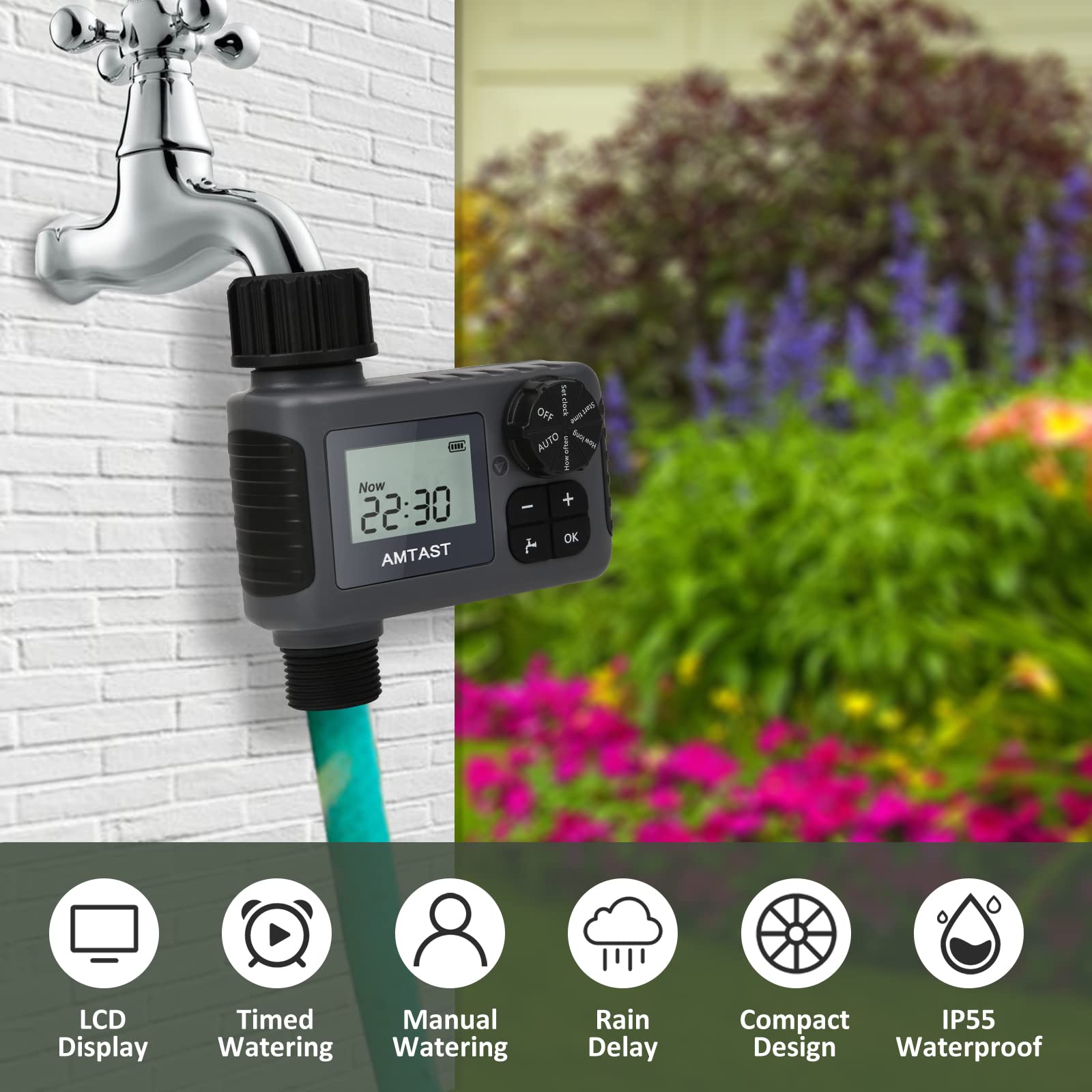 Programmable Garden Hose Timer with Rain Delay, Manual & Automatic Modes - 1 Outlet Black Sprinkler Timer for Drip Irrigation, Lawns, Yards, Crops & Pool Watering System | Perfect for Home Gardening & Outdoor Water Conservation