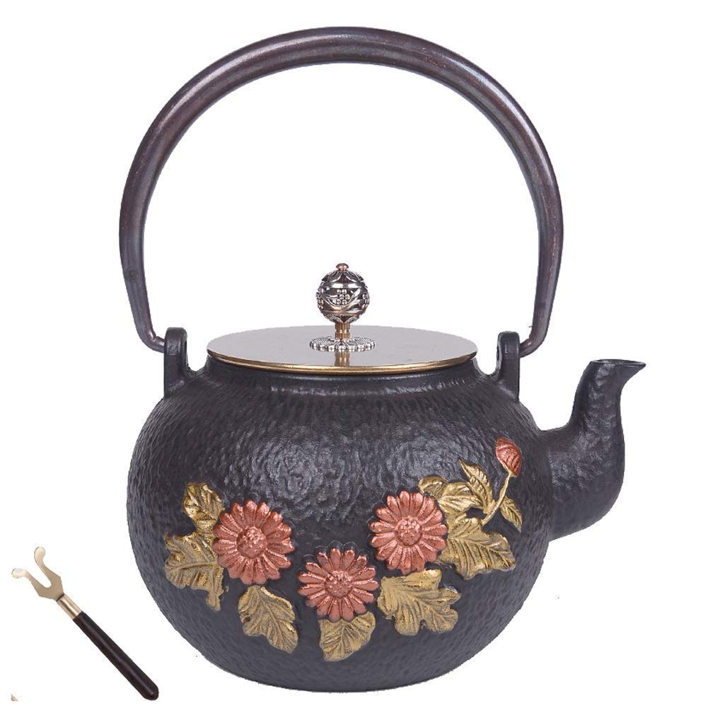 Premium Cast Iron Teapot with Pure Copper Handle - 1200ML Rust-Resistant Sunflower Design Ceramic Tea Kettle for Electric/Stove Heating | Perfect for Home Tea Ceremonies, Office Use & Gift Giving