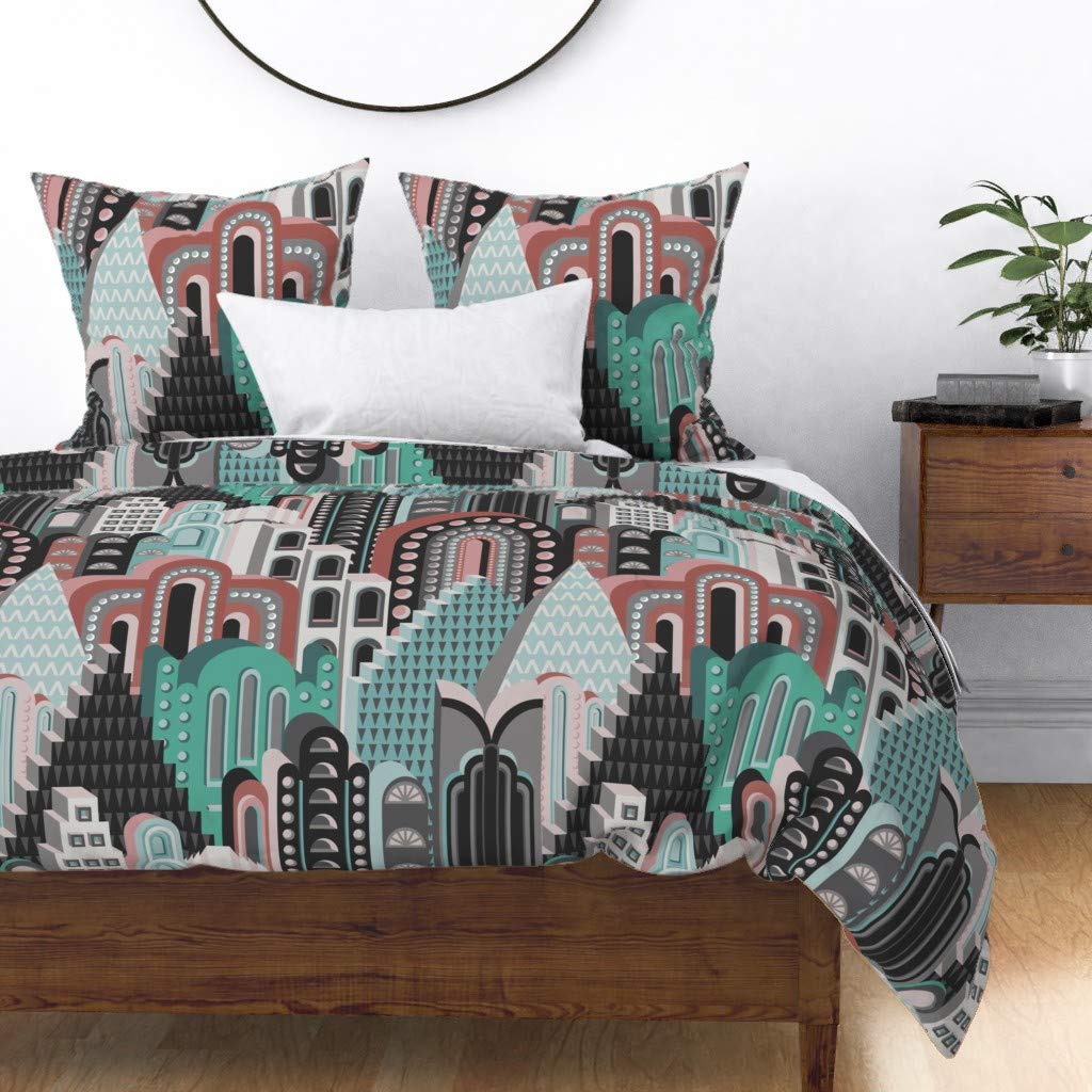 Deco Art 1920s Vintage Architecture Print Cotton Sateen Duvet Cover - King/California King Size | Modern Geometric Bold City Design Custom Bedding Set | Perfect for Vintage Themed Bedrooms & Urban Loft Decor