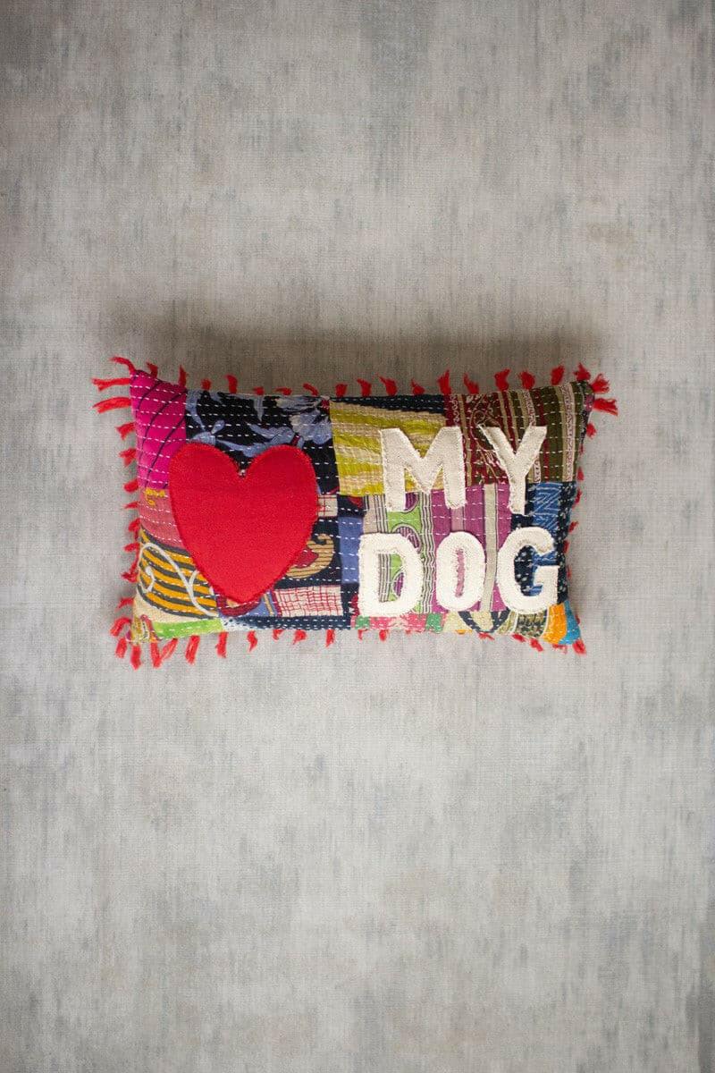 Kantha Love My Dog Pillow NRV2144 - Handmade Boho Chic Pet Cushion for Dogs & Home Decor | Perfect for Sofa, Bed, or Pet Bed Accessories