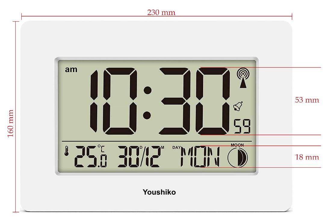 Youshiko Radio Controlled Wall Clock - Large LCD Screen, Silent Operation, Automatic Time/Date/Month Setting - Perfect for Home, Office, and Classroom Use