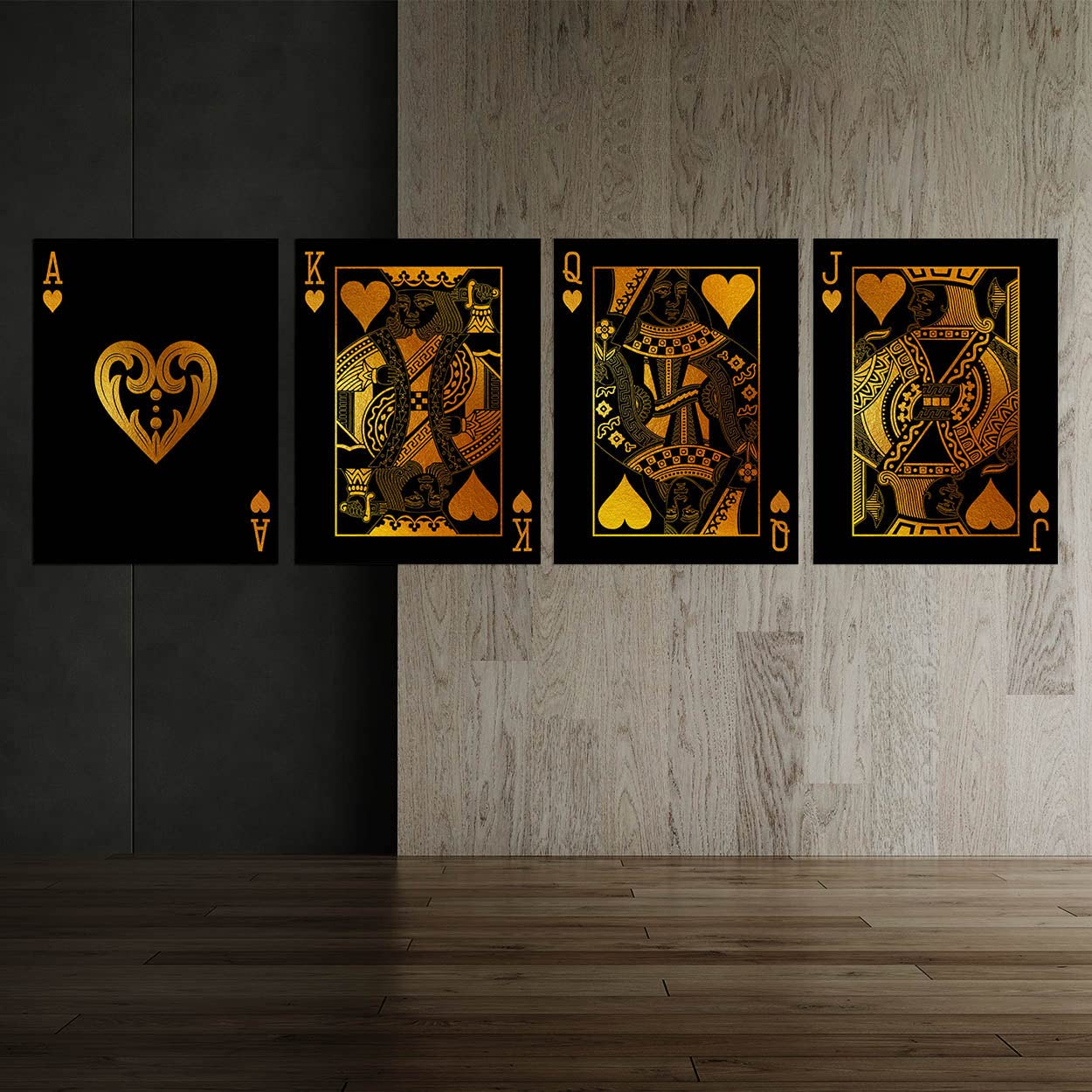 Premium Gold Canvas Poker Cards Wall Art - King Queen Jack Ace Playing Game Print Poster Painting for Home Decor | 14x16 Inches, 0.75 Inches Thick | Perfect for Game Rooms, Man Caves & Poker Themed Decor
