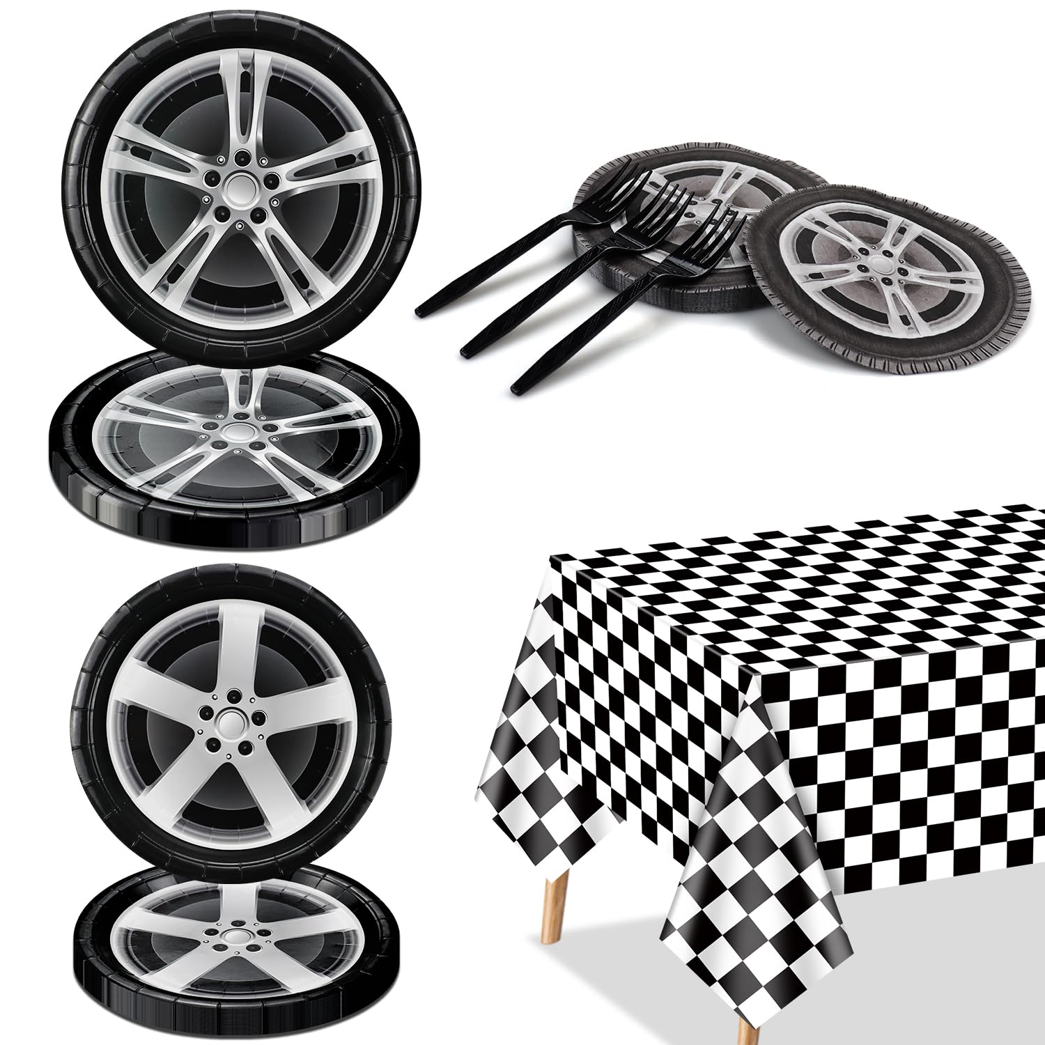 **81Pcs Racing Car Birthday Party Decorations Set - Car Wheel Plates, Tire Napkins, Forks & Checkered Tablecloth for Kids' Racing Themed Party (Serves 20) - Perfect for Birthday Celebrations, Sports Events & Themed Decor**