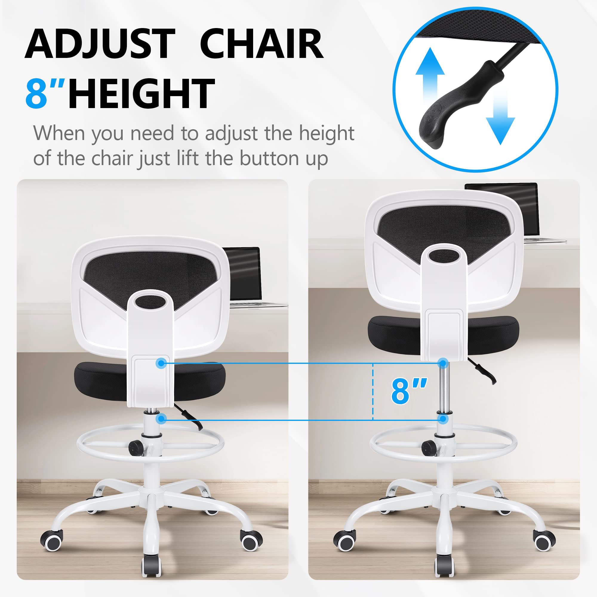 Primy Ergonomic Drafting Chair - Adjustable Height Armless Office Chair with Footring, Mid-Back Mesh Rolling Stool for Artists, Standing Desk & Home Office (White) | Perfect for Art Studios, Architects & Long Work Sessions