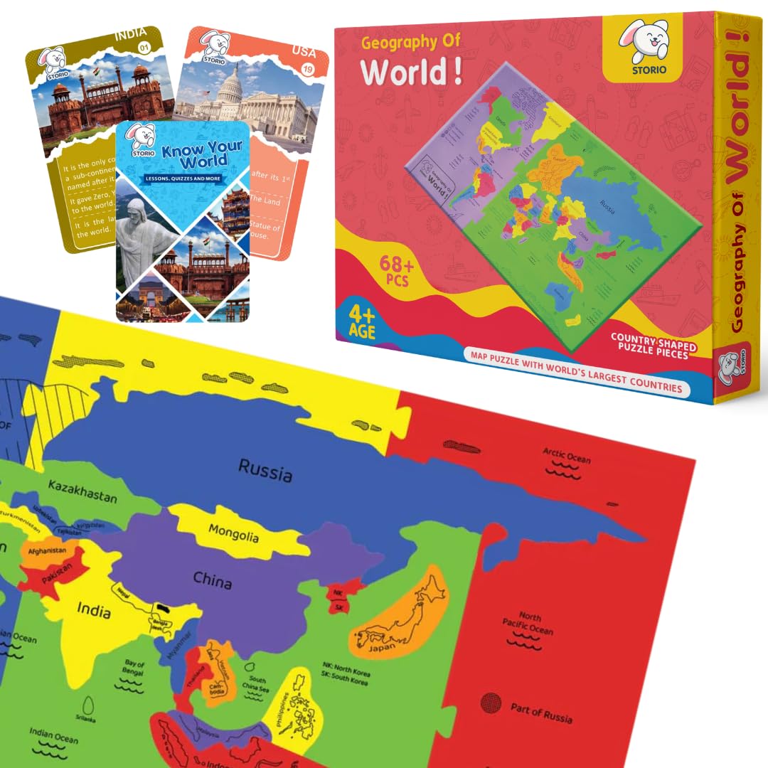 Storio EVA Foam World Map Puzzle for Kids Ages 4-8 - Educational Jigsaw Puzzle with Country Fact Cards - Fun Learning Toy for 4,5,6,7,8 Year Old Boys & Girls - Perfect for Classroom, Homeschool & Family Game Night