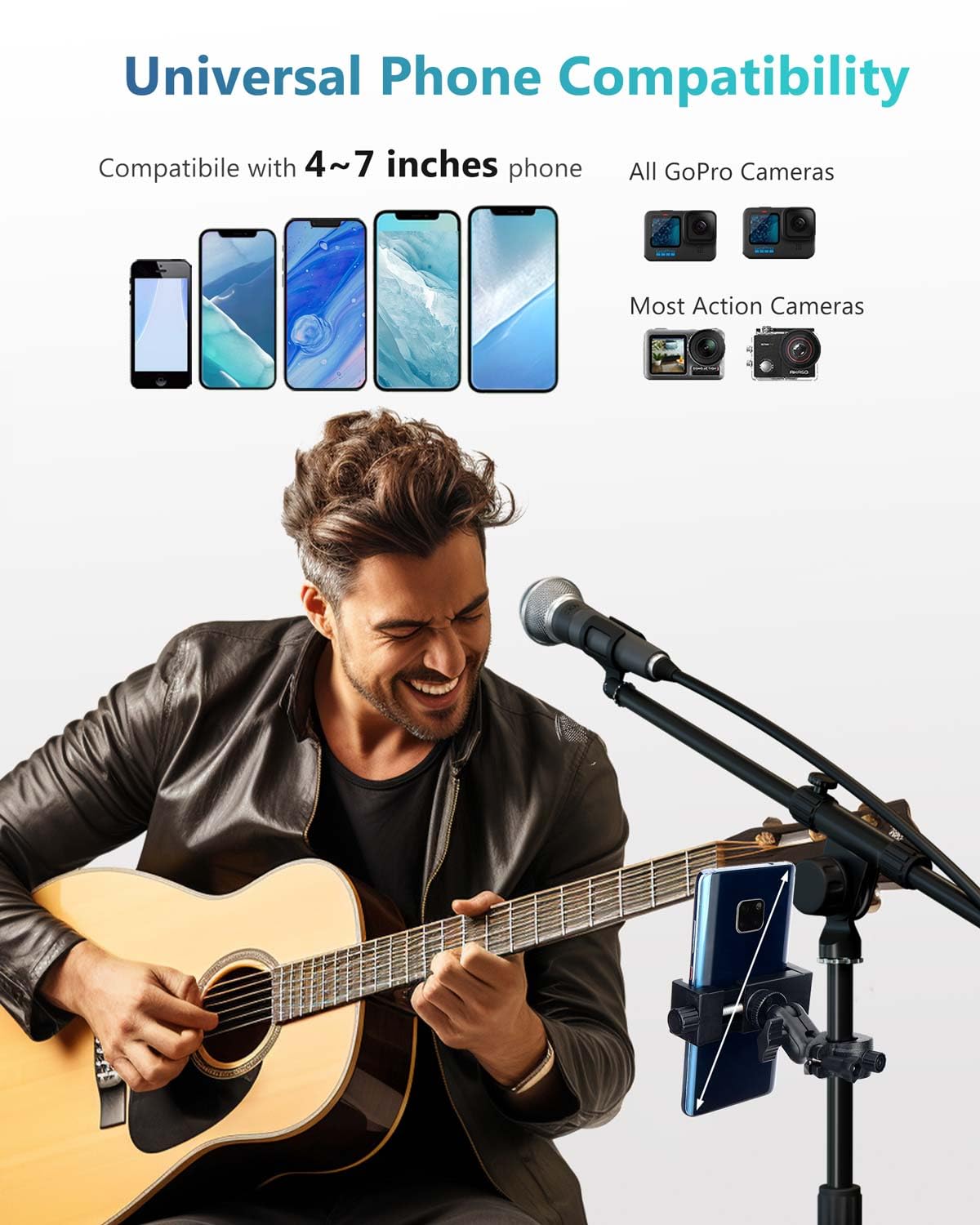 Universal Mic Stand Phone Holder - Adjustable Smartphone Mount for iPhone 15/14/13/12/11 Pro/Max/Mini, Samsung Galaxy S24/S23 Ultra, Google Pixel 8/7 - Perfect for Live Streaming, Music Recording & Instrument Practice (Microphone Stand, Music Stand, Guitar & Drums Accessory)