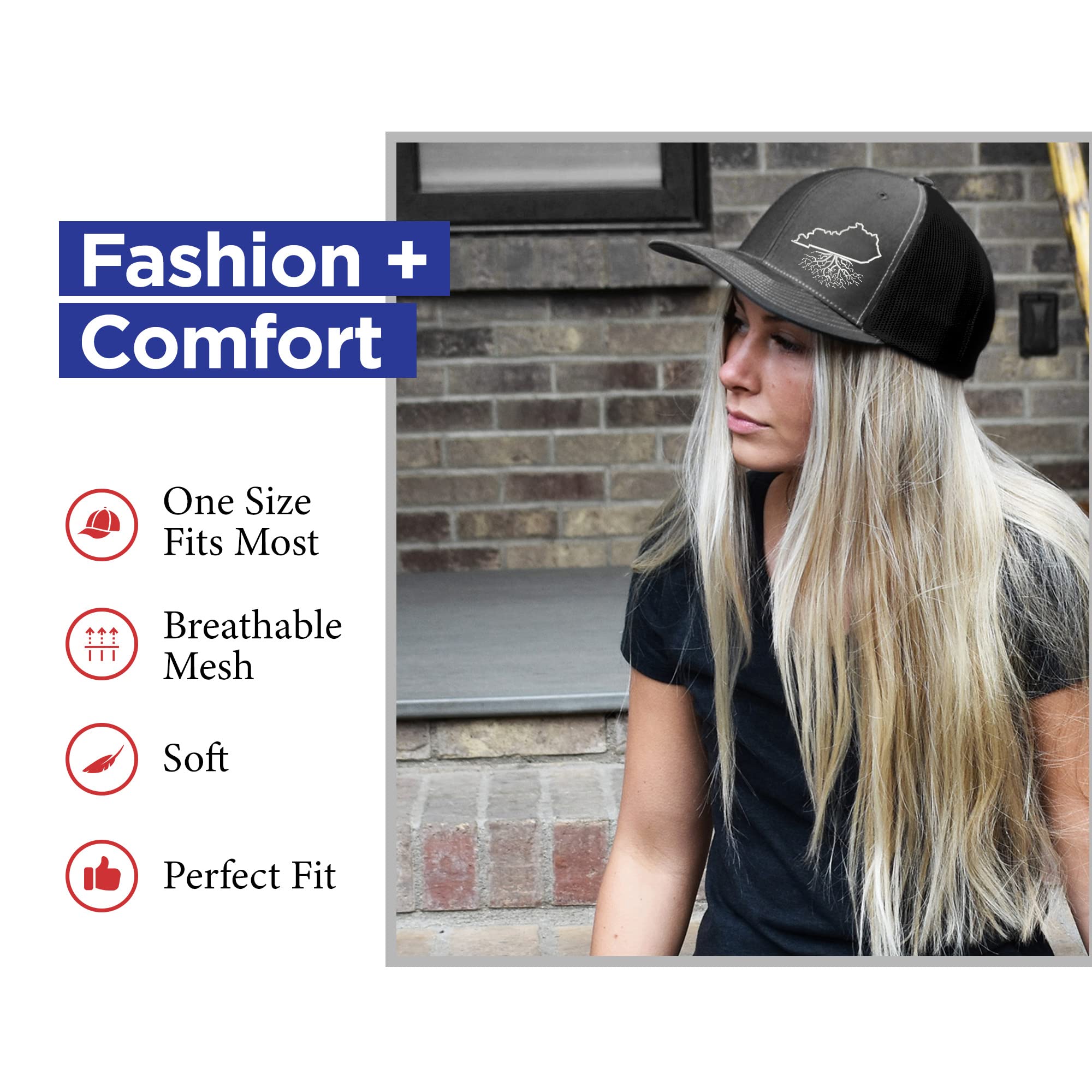 Kentucky Roots Snapback Hat - Stylish Baseball Cap for Men & Women, Polyester Cotton Trucker Hat with Mesh Back, Six-Panel Design, One Size Fits All (Charcoal/Black) - Perfect for Outdoor Activities, Sports & Casual Wear