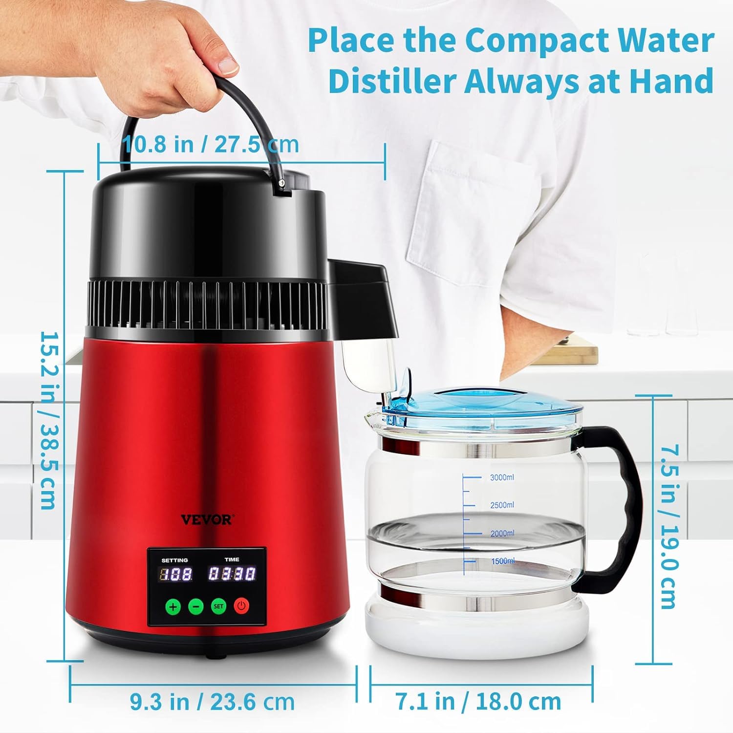 VEVOR 1.1 Gallon Water Distiller Machine with 0.3GPH Output, 750W Countertop Distilled Water Maker with 0-99H Timer & Temperature Display, 304 Stainless Steel & Glass Carafe - Includes Cleaning Powder & 3 Carbon Filters (Red) - Perfect for Home, Office, and Emergency Water Purification