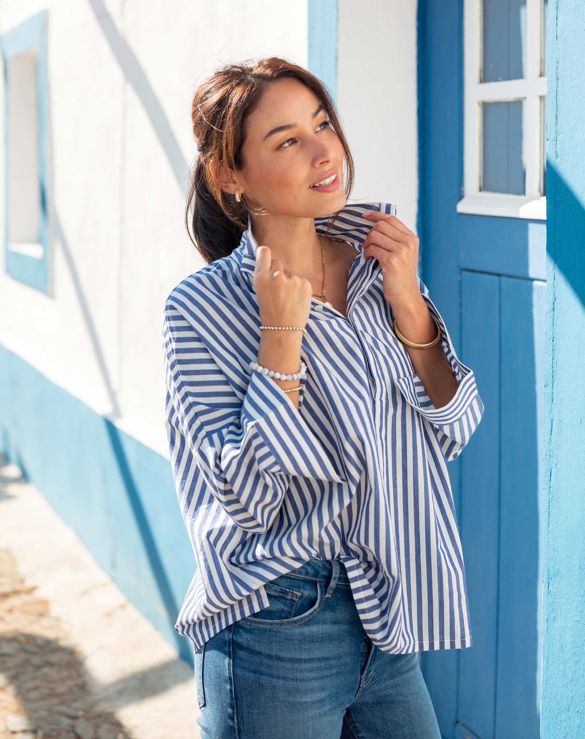 Emerson Pop Up Collar Top for Women - Marina Blue Striped Casual Shirt | Perfect for Office Wear, Summer Outfits & Beach Vacations