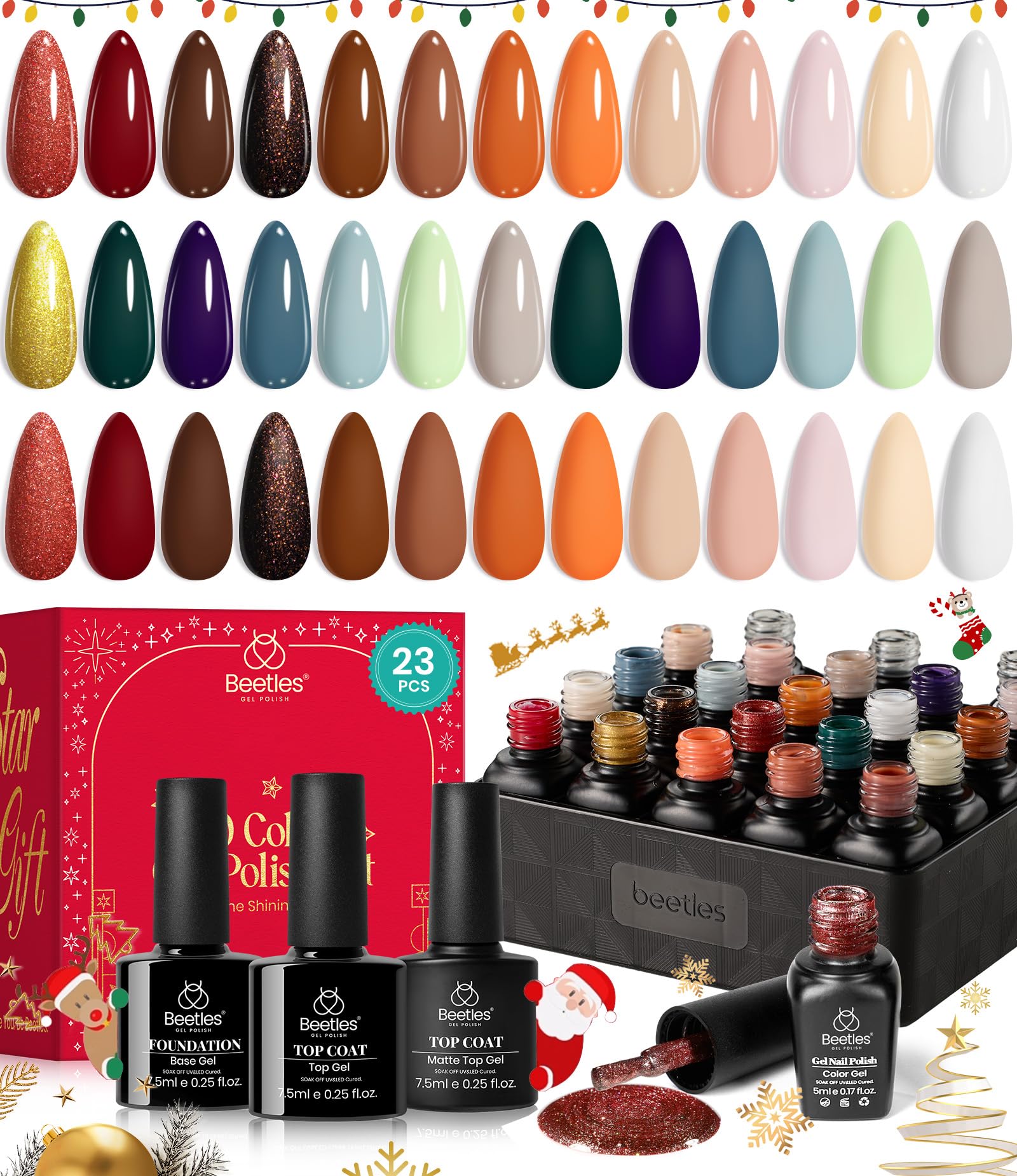 Beetles 23Pcs Gel Nail Polish Kit - Base Coat, Top Coat, Orange, Brown, Burgundy, Red, Gray & Golden Colors - Soak Off UV/LED Lamp Compatible - Gift for Women & Girls - Perfect for Home Manicures, Nail Salons & DIY Nail Art