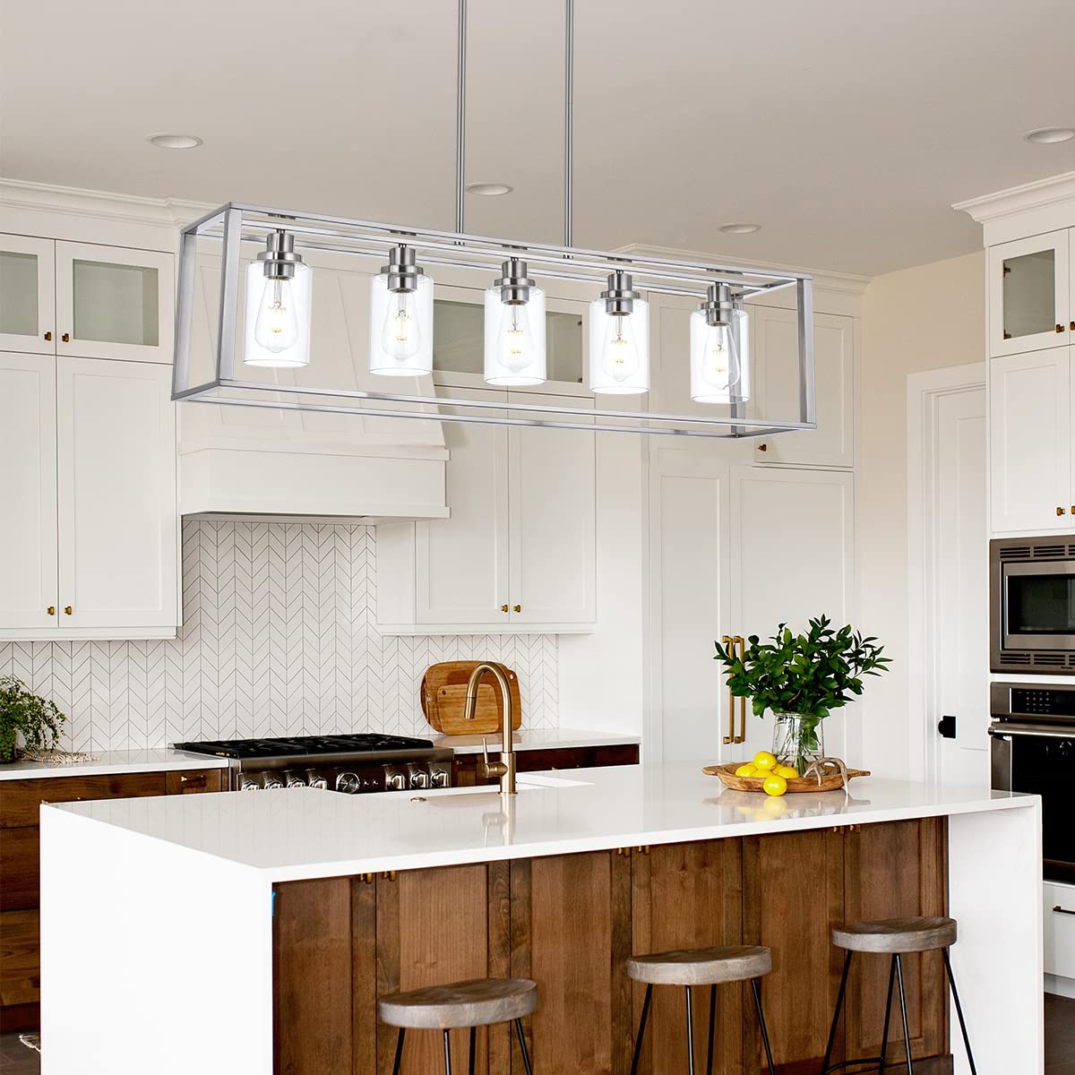 VINLUZ 5-Light Modern Industrial Chandelier - Brushed Nickel Finish with Clear Glass Shade - Classic Pendant Island Lighting Fixture for Dining Room, Living Room & Bedroom - Perfect for Farmhouse, Loft and Contemporary Home Decor