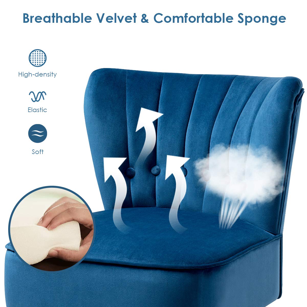 Velvet Wingback Accent Chair - Armless Club Chair with Solid Rubber Wood Legs & Thick Padded Seat, Upholstered Leisure Sofa for Living Room, Bedroom, Guest Room, Coffee Shop - Perfect for Reading Nook, Home Office, Lounge Area (Blue)