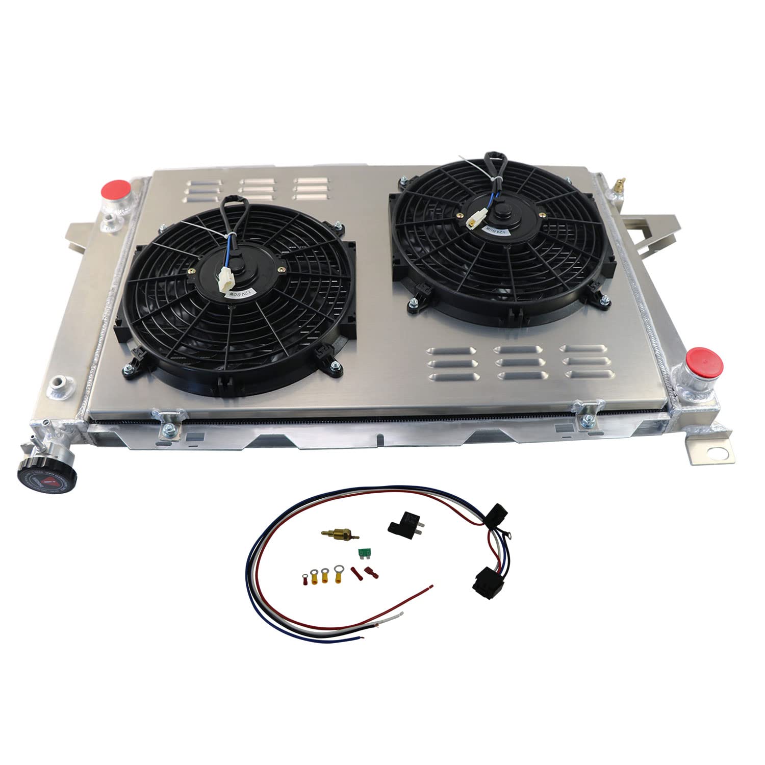 High-Performance Aluminum Radiator for 1985-1996 Ford F150 F250 F350 & Bronco - 3 Row Crossflow Design with Shroud Fan & Relay Kit - Perfect for Off-Roading, Towing & Engine Cooling Upgrades