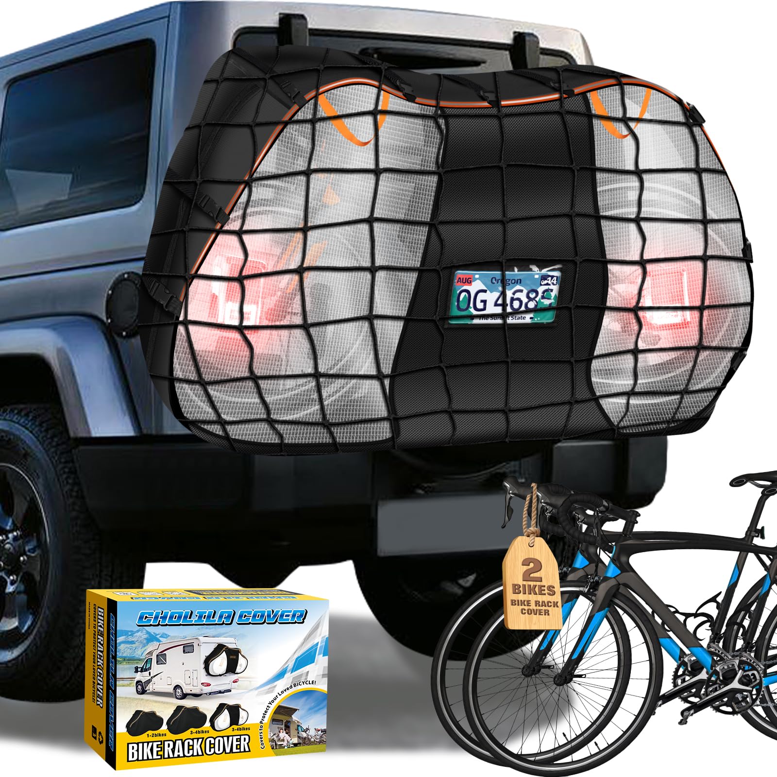 Cholila Waterproof Bike Cover for Transport - Universal 2 Bike Rack Cover with Reflective Tail Light & License Plate Window - Durable Travel Protection for Cars, SUVs, Trucks - Perfect for Road Trips & Outdoor Adventures
