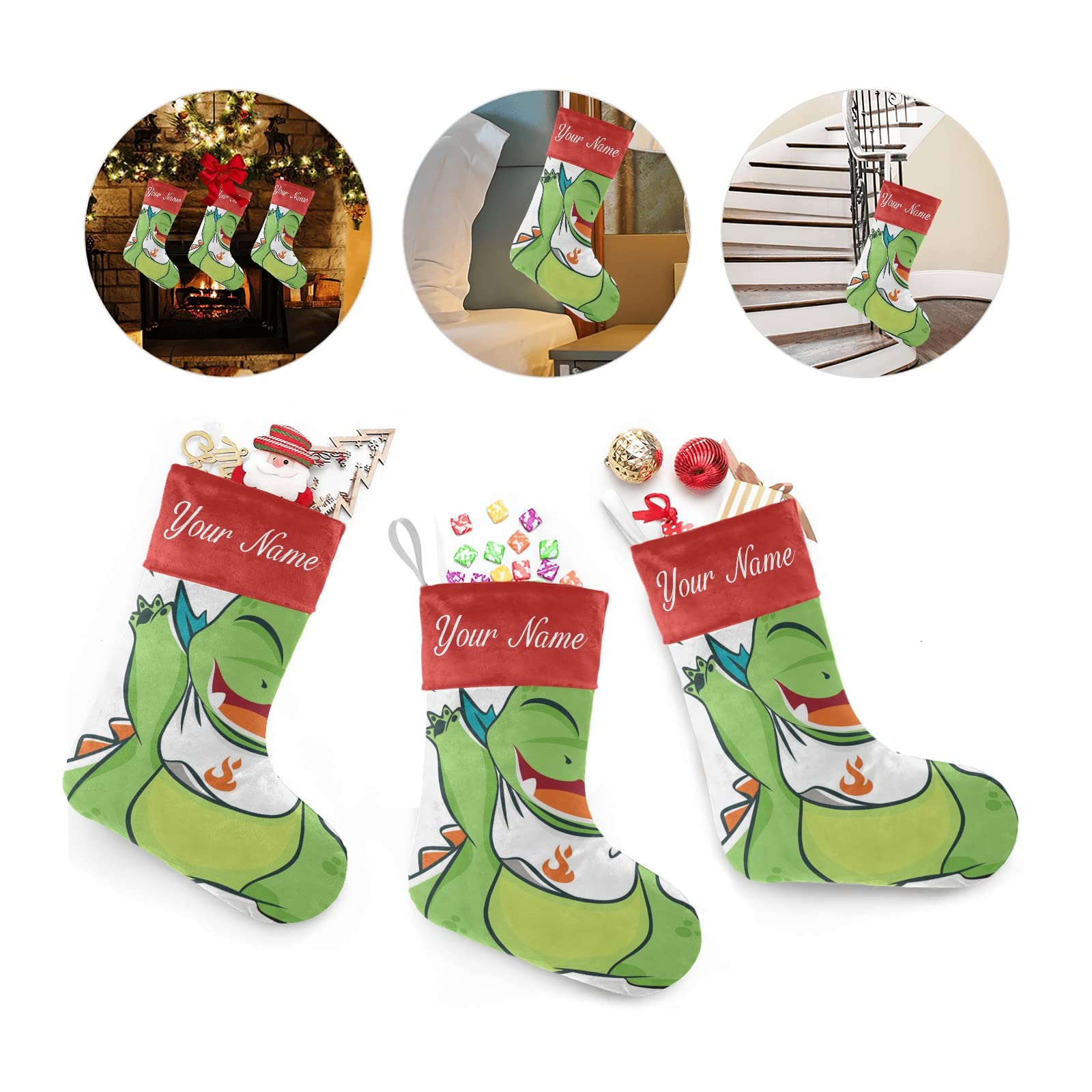 Personalized Christmas Stocking with Little Green Dragons Monster Design - Custom Name Socks for Xmas Tree & Fireplace Hanging Decoration - 17.52 Inch Festive Holiday Home Decor for Kids' Bedroom or Living Room