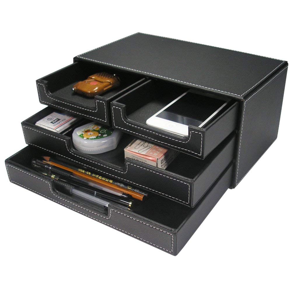 KINGFOM PU Leather Desktop Organizer - 4 Drawer Office Supplies Storage Box for Pens, Papers, Bills & Stationery | Perfect for Home Office, School Desk & Workspace Organization (Black)