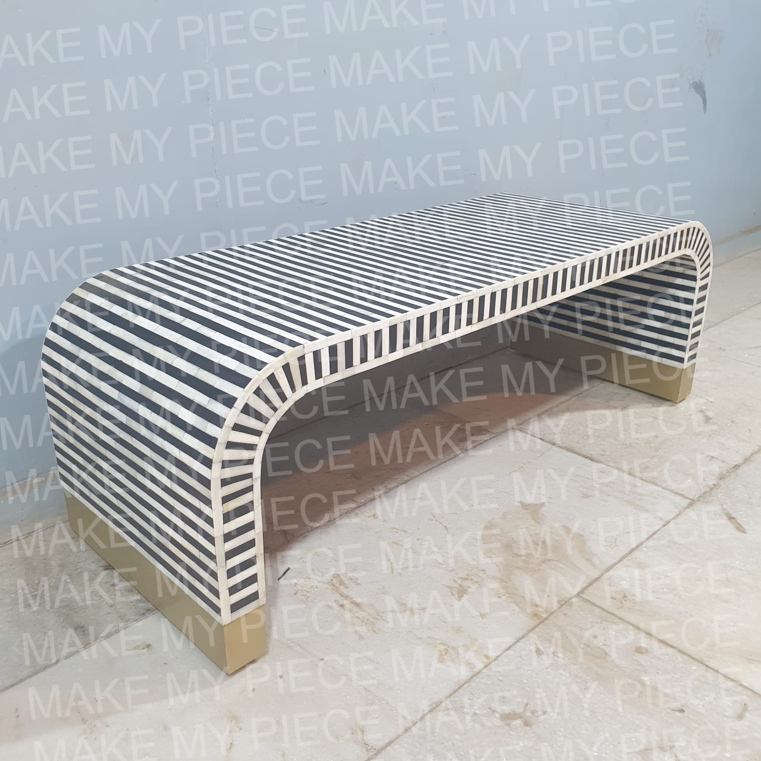 Handcrafted DANIELLE Bone Inlay Waterfall Coffee Table - Solid Wood with Strip Pattern - Perfect for Boho & Eclectic Living Room Decor
